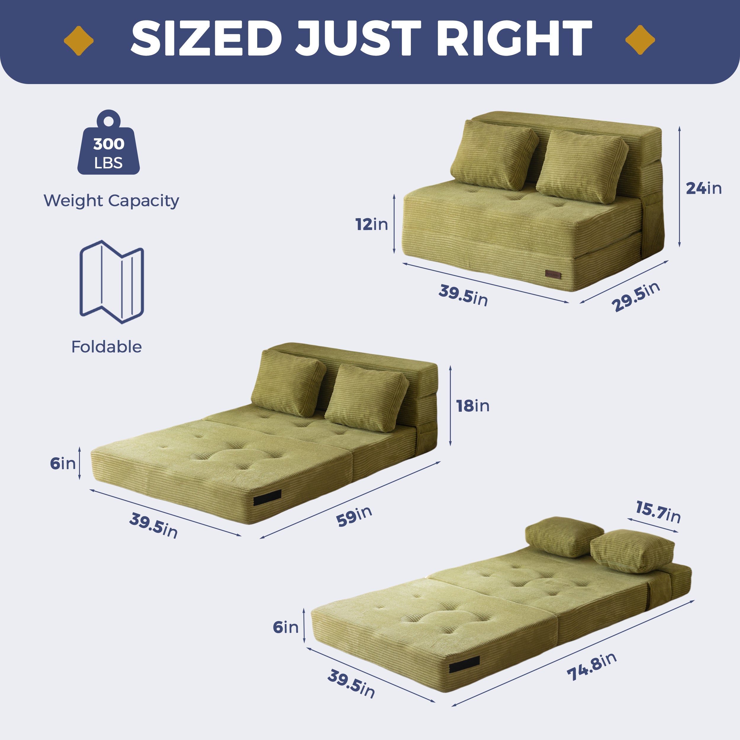 MAXYOYO 3-in-1 Convertible Sofa Bed - Foldable Single Sleeper Couch with Pillow, Foam Floor Lounger & Lazy Chair for Living Room, Bedroom & Guest Room (Green) | Perfect for Small Spaces, Overnight Guests & Cozy Relaxation