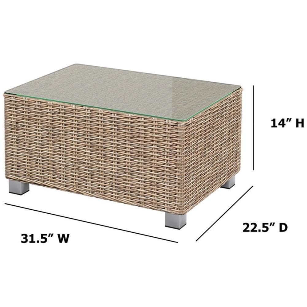 Almond Wicker Outdoor Patio Rectangle Coffee Table with Tempered Glass Top - Perfect for Backyard, Garden, and Poolside Relaxation