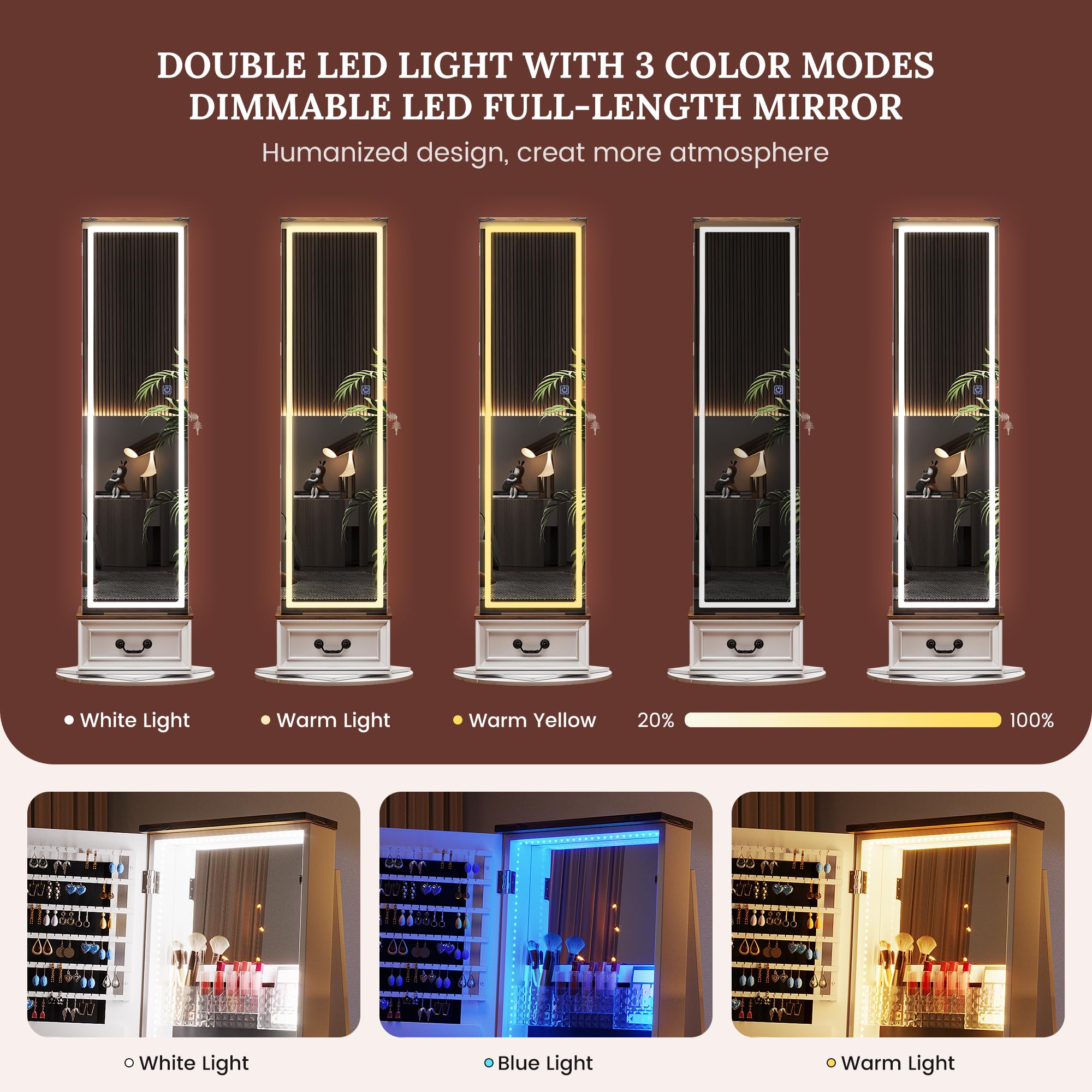 LVSOMT LED Mirror Jewelry Cabinet Standing - 360° Swivel Jewelry Armoire with Full Length Mirror & Storage, Large Wooden Drawer Organizer for Necklaces, Rings, Earrings - Perfect Christmas Gift for Women (Farmhouse White) | Bedroom Vanity, Closet Organization, Dressing Room Decor