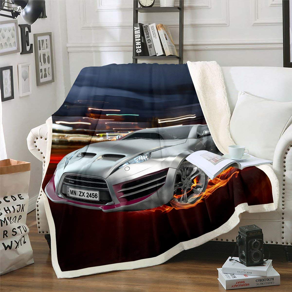 Erosebridal Race Car Fleece Blanket - Cool Speed Racing Design Plush Throw for Kids, Boys, Teens & Adults - Golden Flame Sherpa Blanket for Bed, Sofa & Car - Perfect for Racing Fans & Extreme Sports Enthusiasts