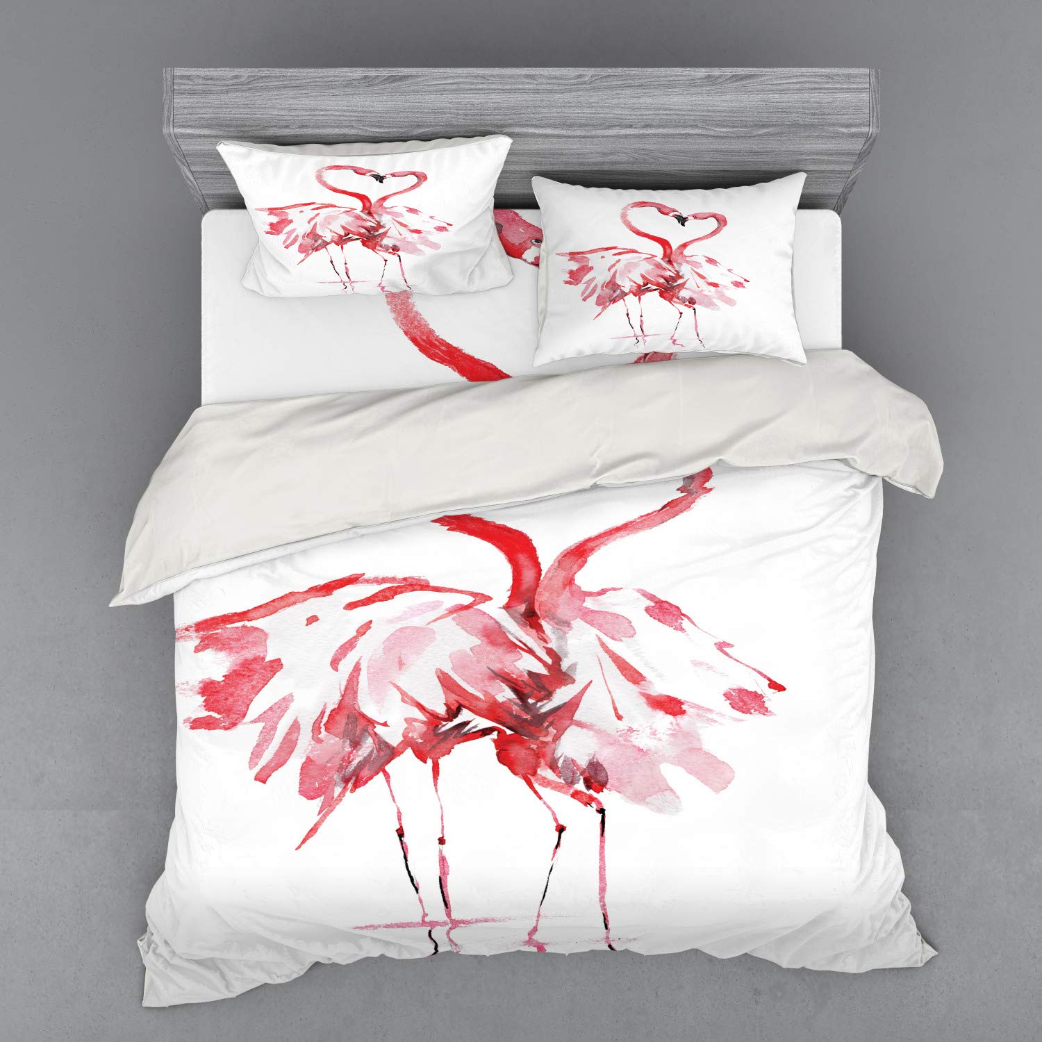Ambesonne Flamingo Duvet Cover Set - Romantic Watercolor Flamingo Couple Kissing Design, 4-Piece King Size Bedding Set with Shams & Fitted Sheet in Dark Coral & White - Perfect for Couples Bedroom, Master Suite or Tropical Themed Decor