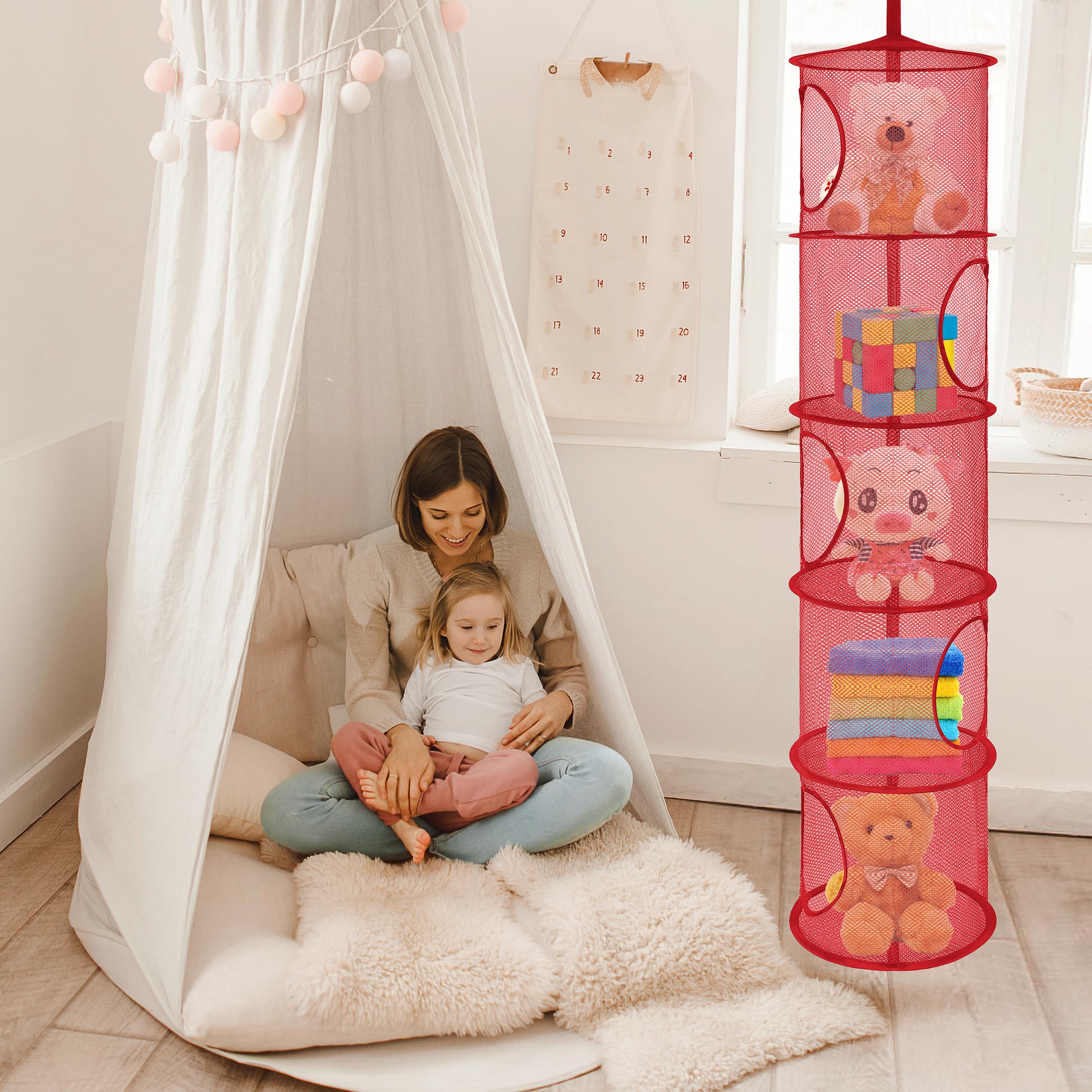 Libeder Foldable Mesh Hanging Storage Organizer - 5 Compartment Toy Net Basket for Kids Room & Bathroom (2 Pack, Red) | Space Saving Stuffed Animal & Clothes Storage Solution for Home Organization