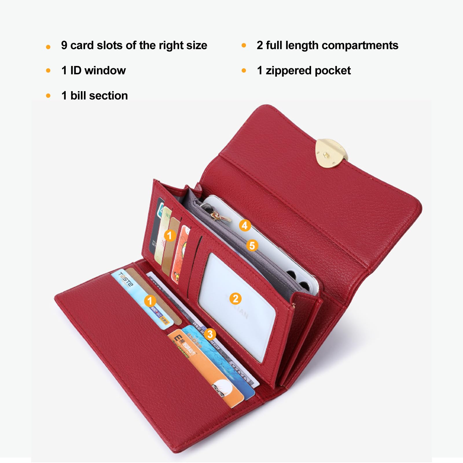 Mokoze Women's Trifold Wallet with Zipper - PU Leather Clutch Wallet for Women, Large Capacity RFID Blocking Credit Card Holder - Perfect for Everyday Use, Travel, Business & Gift Giving (Red)
