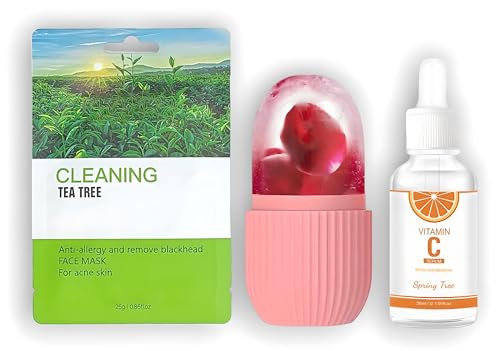 HUDACRUSH BEAUTY Glowing Skin Essentials Set - Ice Roller for Face, Vitamin C Serum & Green Tea Tree Sheet Mask Trio | Skincare Routine for Hydration, Puffiness & Brightening | Perfect for Morning & Night Care