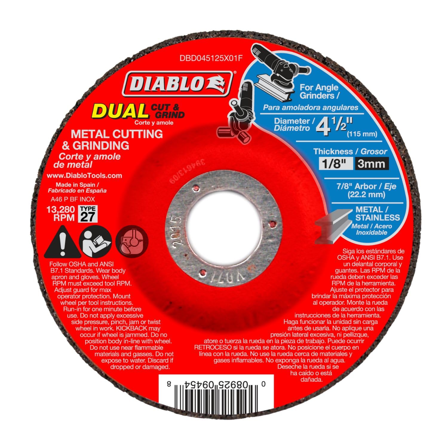 Diablo Type 27 Metal Cutting and Grinding Disc - 4-1/2 Inch Diameter, 7/8 Inch Arbor, 27 Hub Type, 1/8 Inch Thickness, 13280 Max RPM - DBD045125X01F - Perfect for Metal Fabrication, Welding, and DIY Projects