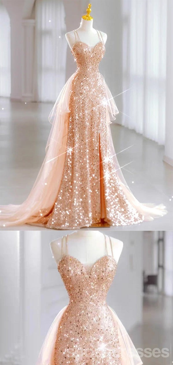 Elegant Rose Gold Spaghetti Strap Maxi Long Prom Dress for Women - Perfect for Evening Parties, Formal Events & Special Occasions