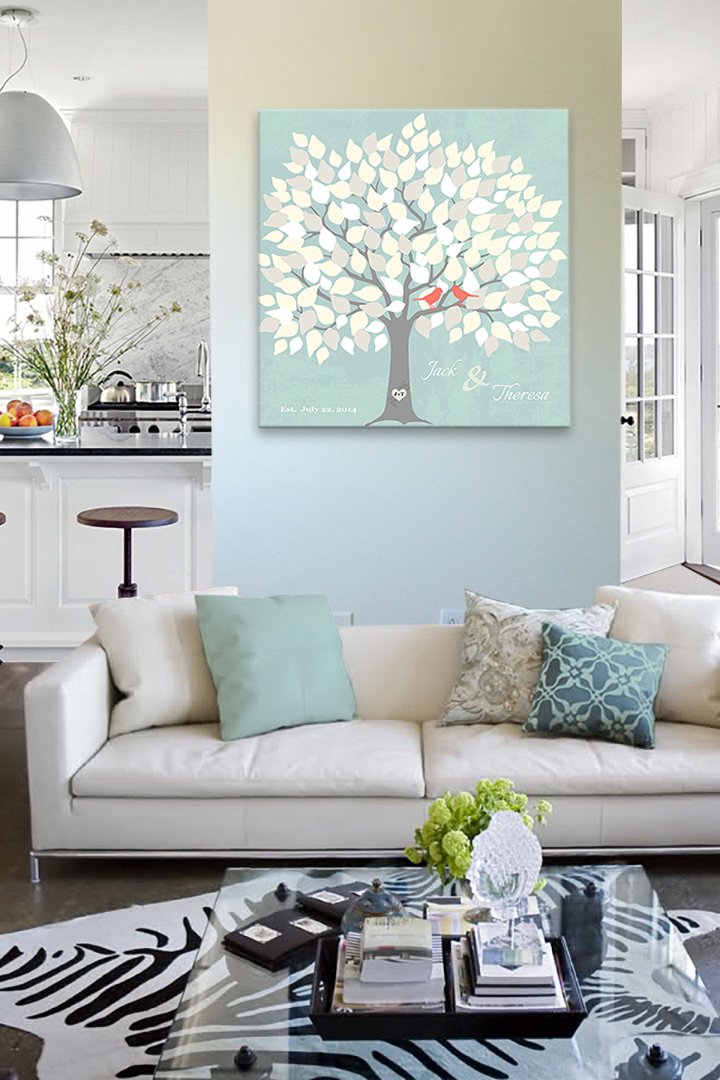 Personalized Wedding Tree Guest Book - Unique & Memorable Alternative for 100-150 Signatures - Aqua Canvas Wall Art Decor (30x30 inches) - Perfect Bridal Shower Gift for Wedding, Anniversary & Home Décor