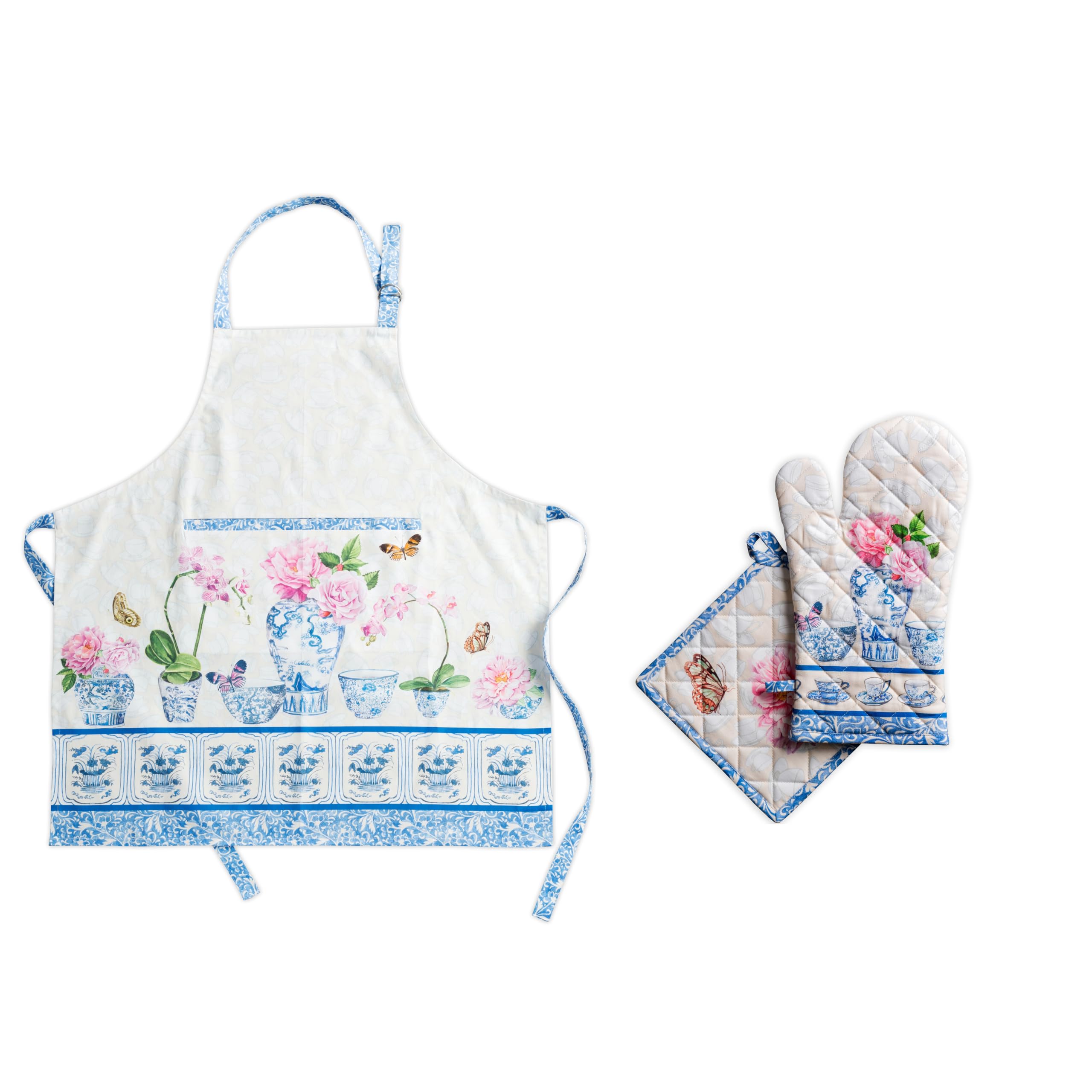 Premium 100% Cotton Kitchen Apron Set with Oven Mitt & Pot Holder - 27.5x31.5 Inch Chef Apron, 7.5x13 Inch Mitt & 8x8 Inch Holder - Perfect for Baking, Cooking & Grilling - Maison d'Hermine Canton Bundle