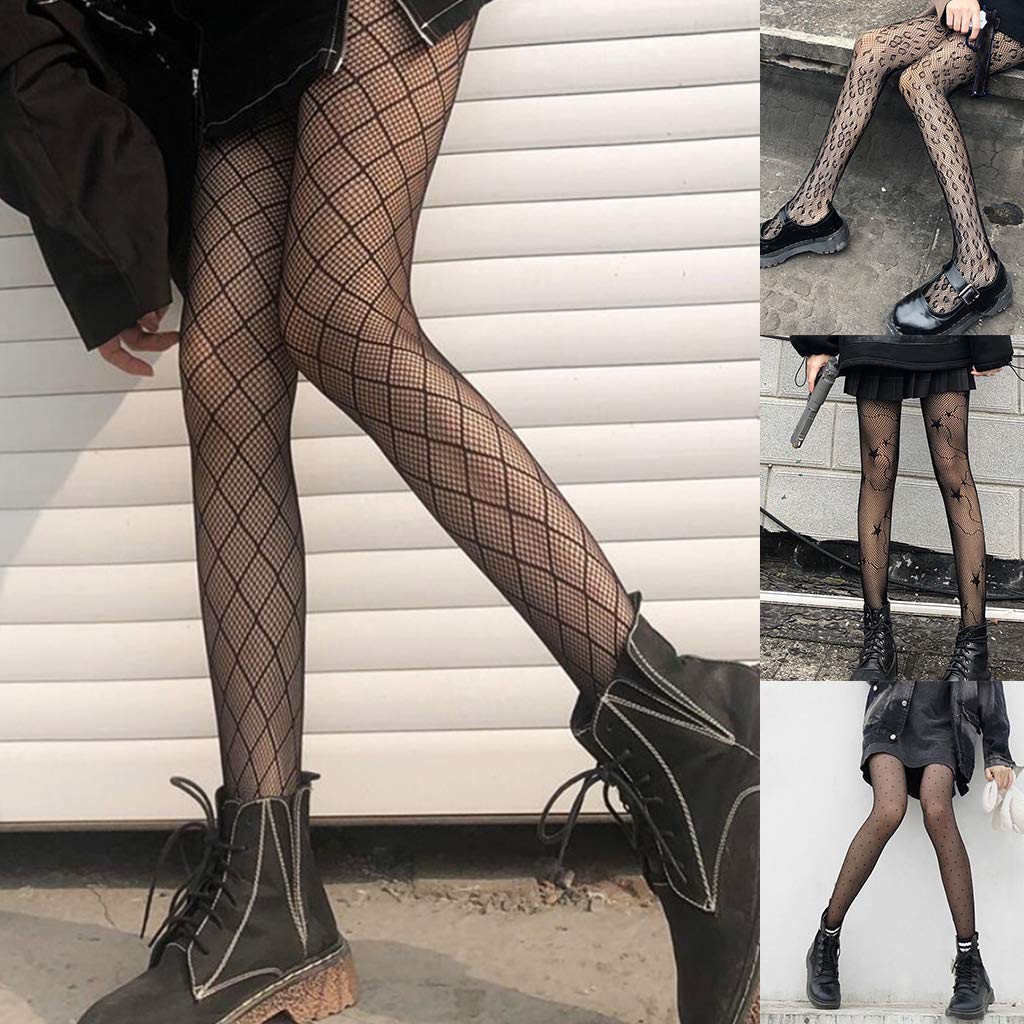 Black Fishnet Stockings for Women - Nylon Tights with Plaid Jacquard Mesh Design | Perfect for Halloween, Cosplay, and Night Out Outfits