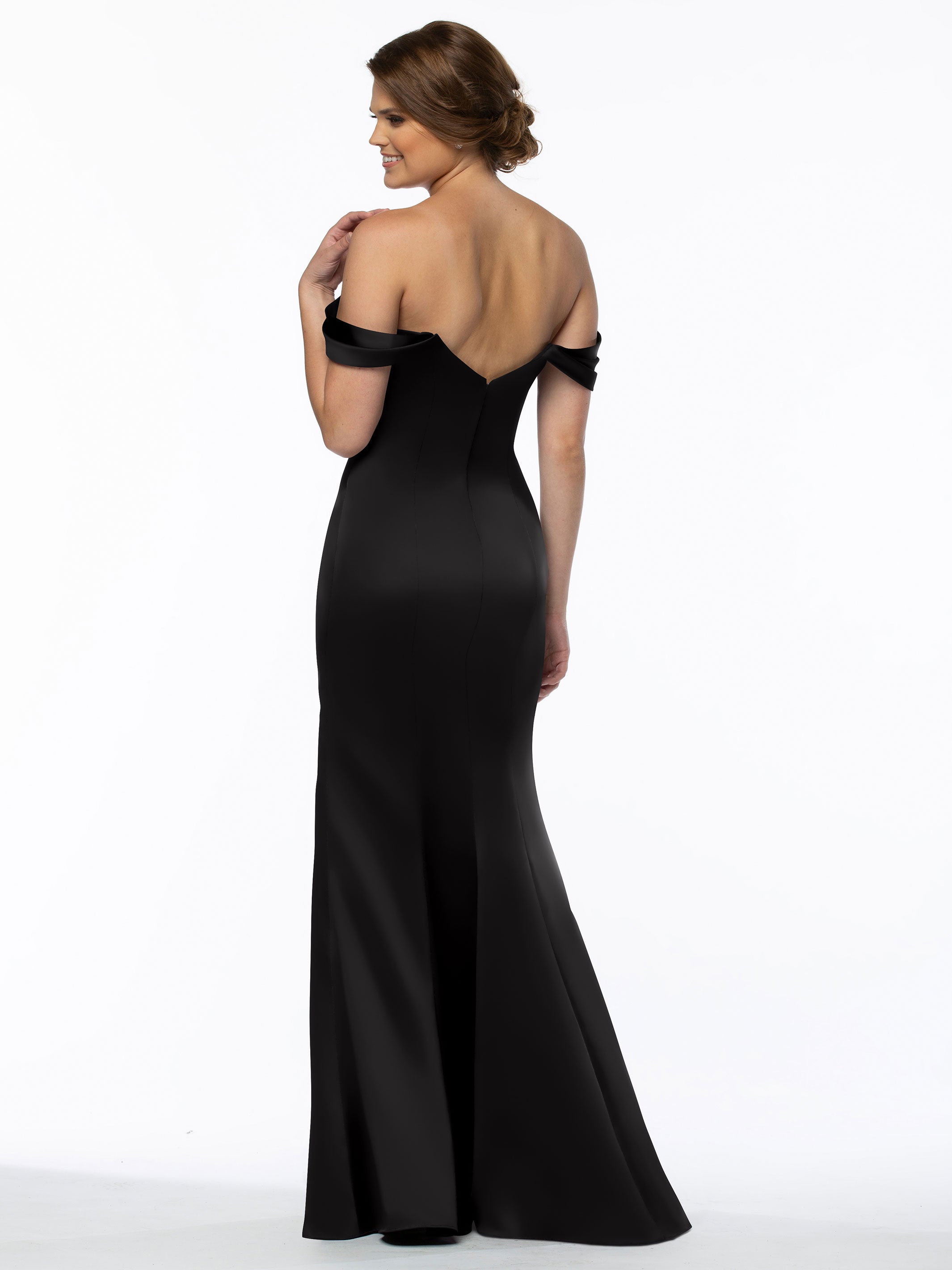 Elegant 80151 Fitted Satin Bridesmaid Dress with Off-The-Shoulder Sleeves - Perfect for Weddings, Formal Events & Special Occasions