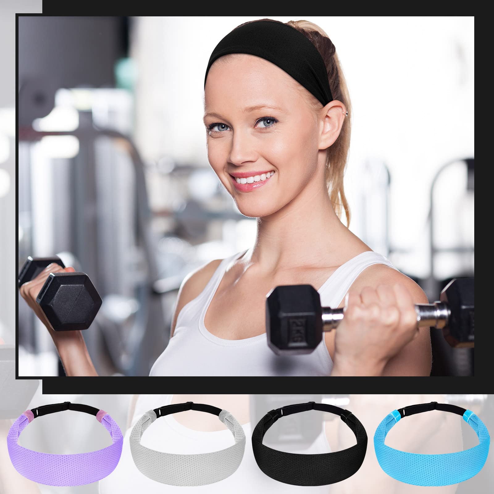 Yunlly 4 Pack Adjustable Sports Headbands for Women - Non-Slip Workout Sweatbands, Breathable Mesh Hair Bands for Running, Yoga, Soccer & Exercise - Perfect for Gym, Fitness & Active Lifestyle