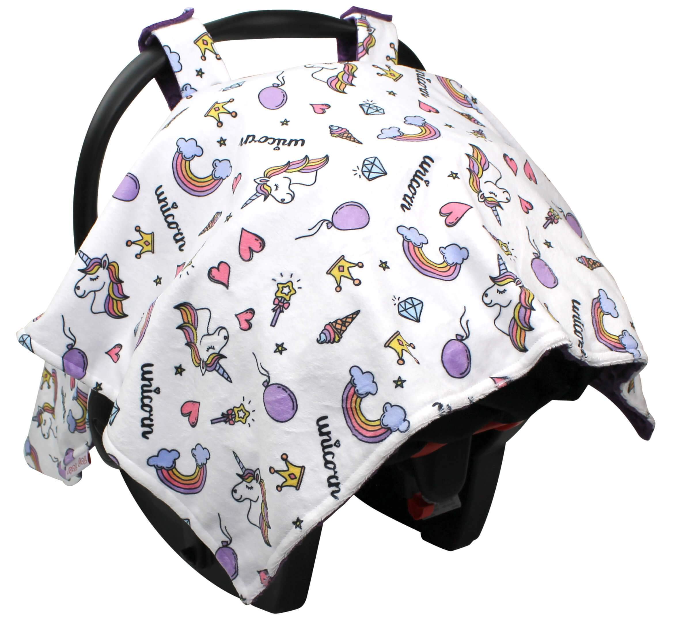 Baby Car Seat Canopy Cover - Soft Purple Minky Dot with Unicorn & Rainbow Design | Universal Fit for Infant Car Seats | Perfect for Travel, Shopping & Outdoor Protection
