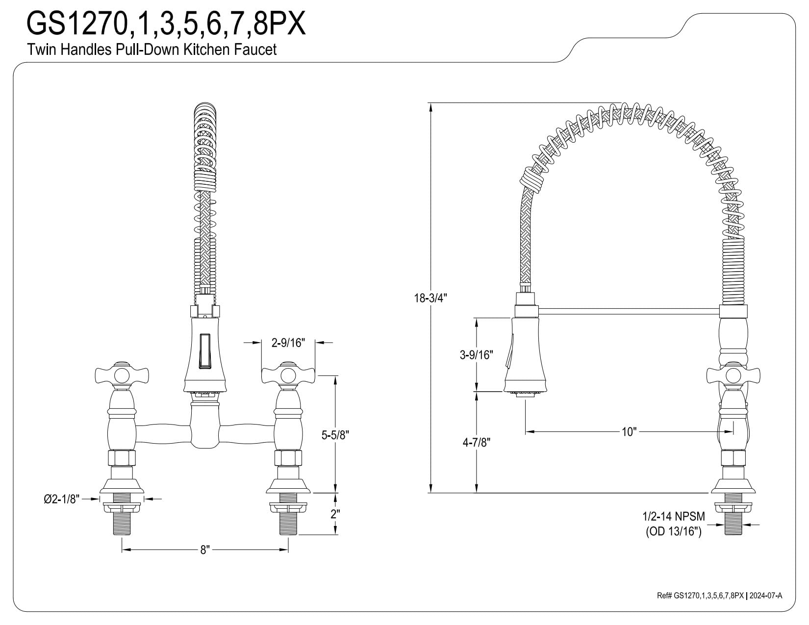 Kingston Brass GS1277PX Heritage 2-Handle Deck-Mount Pull-Down Sprayer Kitchen Faucet in Brushed Brass - 10.56
