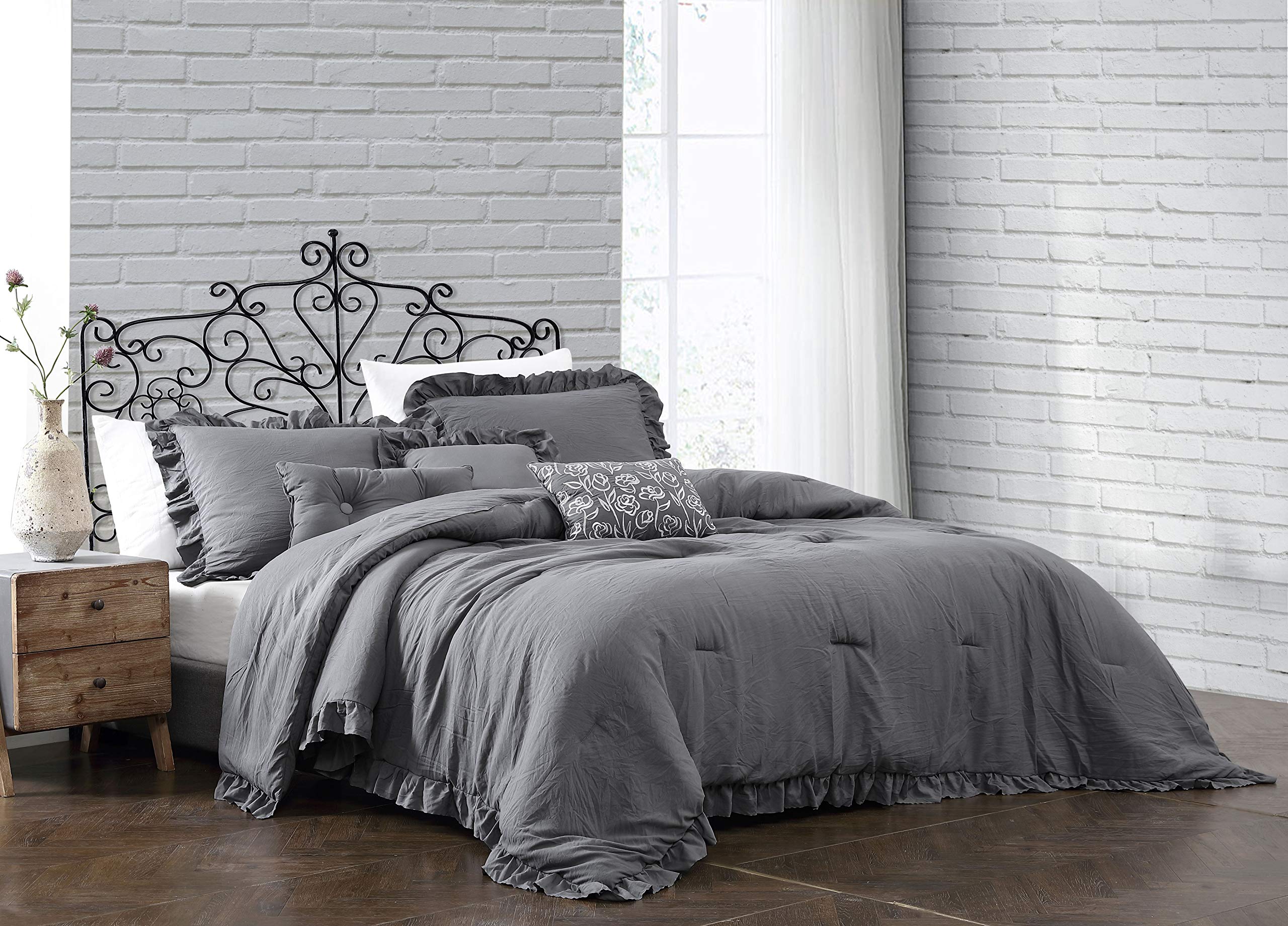 Davina 5-Piece Gray Enzyme Washed Comforter Set with 3 Decorative Pillows - Twin Size Bedding Set for Cozy Bedroom & Guest Room Decor
