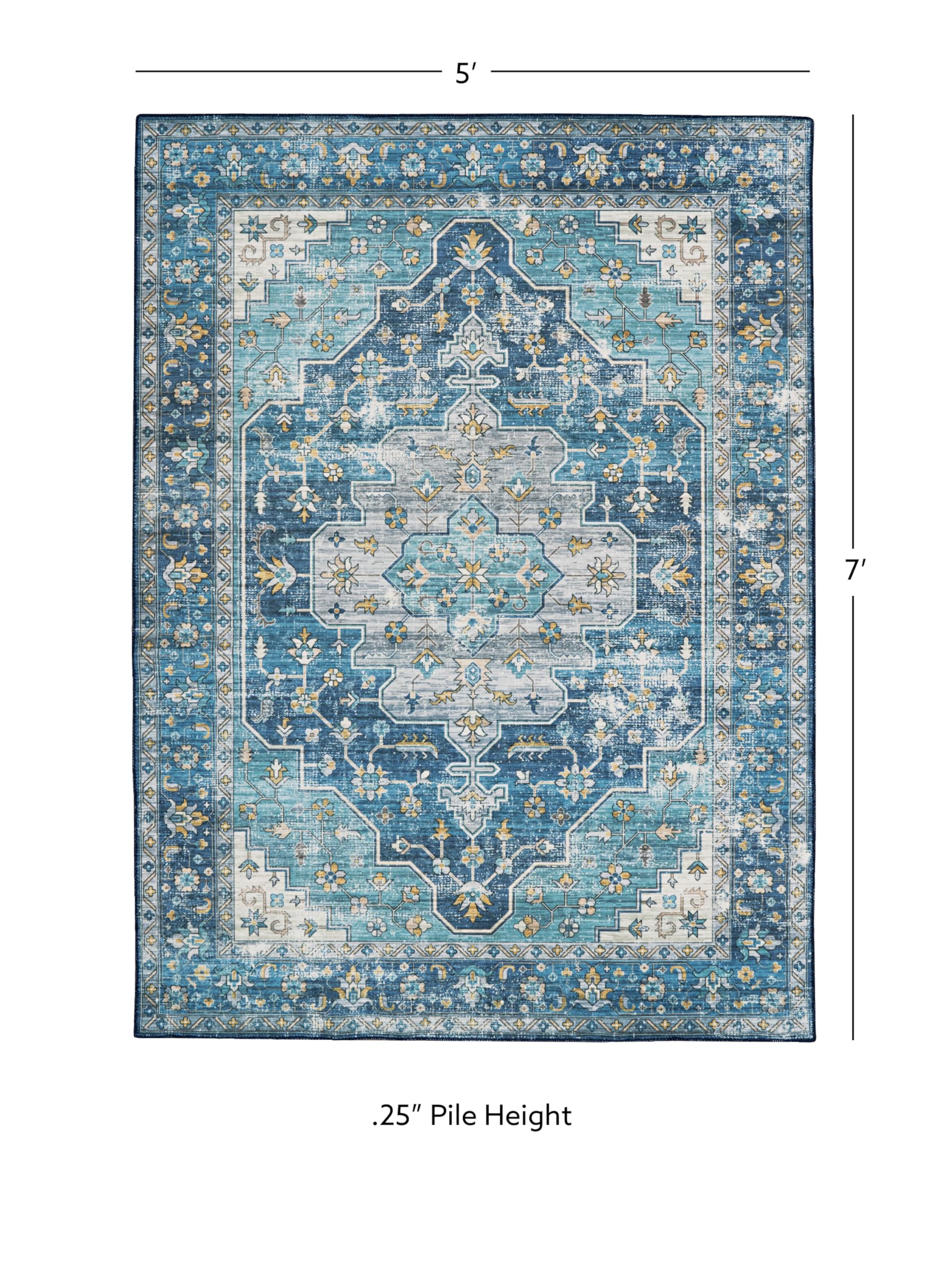 Linon Home Decor Washable Area Rug 5' x 7' - Firenze Teal & Ivory Indoor/Outdoor Rug - Perfect for Living Room, Bedroom, Patio & High Traffic Areas