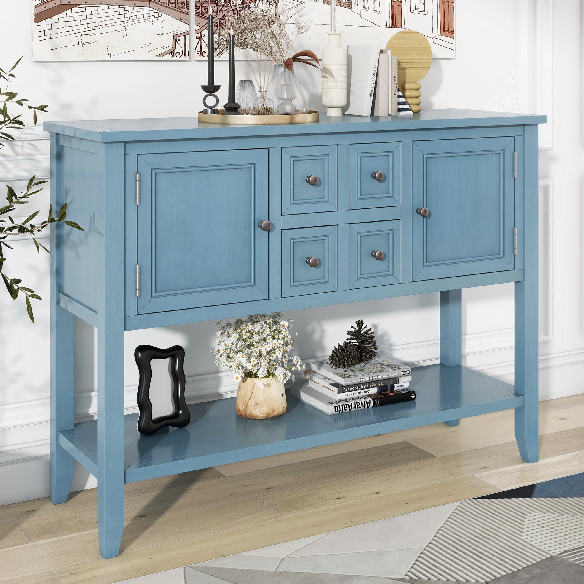 Vintage Solid Wood Console Table with 4 Drawers, 2 Cabinets & Bottom Shelf - Entryway Sofa Table for Living Room, Bedroom, Kitchen - Dark Blue Farmhouse Sideboard (Perfect for Hallway Storage, Dining Room Buffet & Home Decor)