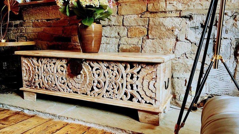 Hand Carved Solid Wooden Blanket and Toy Storage Box - Natural Finish for Nursery, Kids Room & Home Organization | Perfect for Blankets, Toys & Baby Essentials Storage