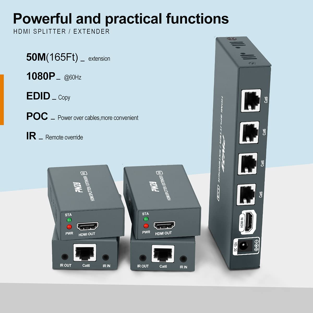 1x4 HDMI Extender Splitter Over Cat5e/Cat6/Cat7 Ethernet Cable - 50m/165ft Range with EDID Management, Bi-Directional IR & POC - Supports 1080P@60Hz 3D (1 Input 4 Output) - Perfect for Home Theater, Conference Rooms & Multi-Screen Displays