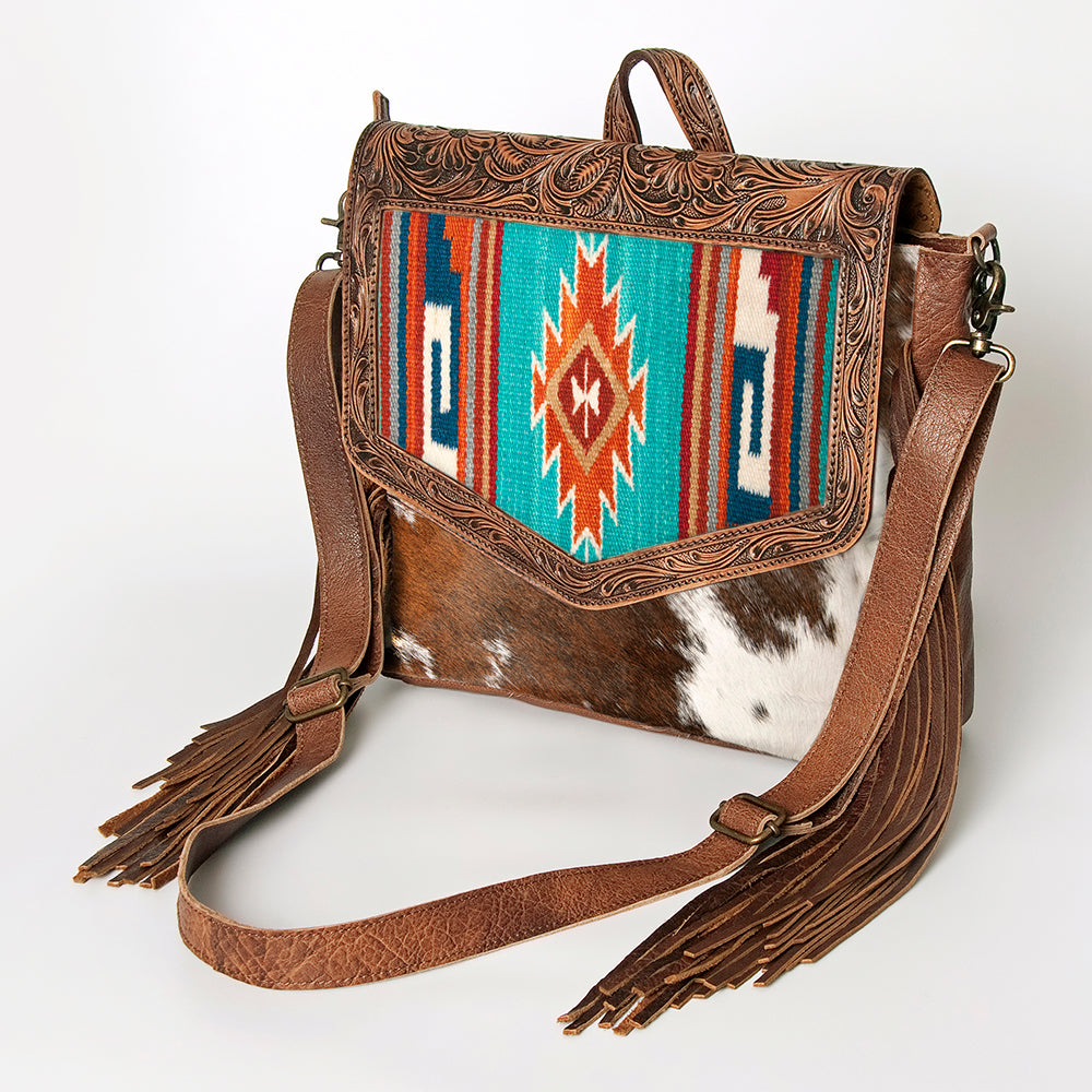 Genuine Leather Western Handbag for Women - American Darling Hand Tooled Saddle Blanket Hair On Purse - Perfect for Cowgirl Fashion, Rodeo Events & Western Style Outfits