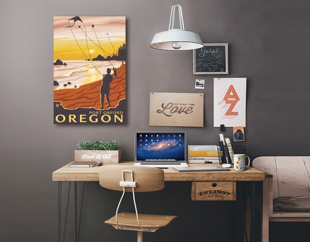 Lantern Press Port Orford Oregon Beach and Kites Wall Art - 24x36 Wrapped Canvas Print - Coastal Home Decor for Living Room, Bedroom or Office