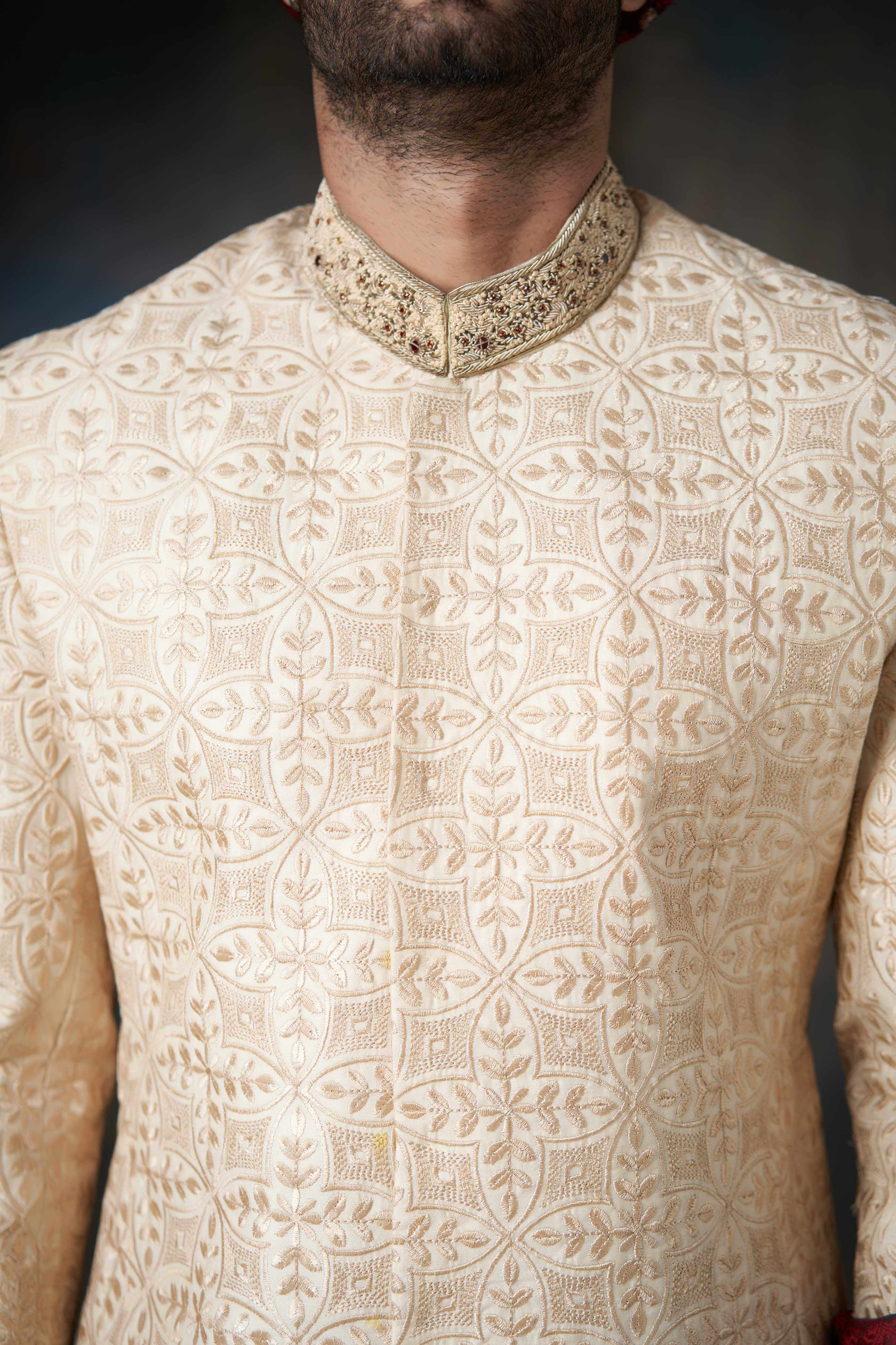 Handcrafted Gold Almond Raw Silk Sherwani with Zardozi Embroidery - Perfect for Indian Weddings, Festivals & Special Occasions