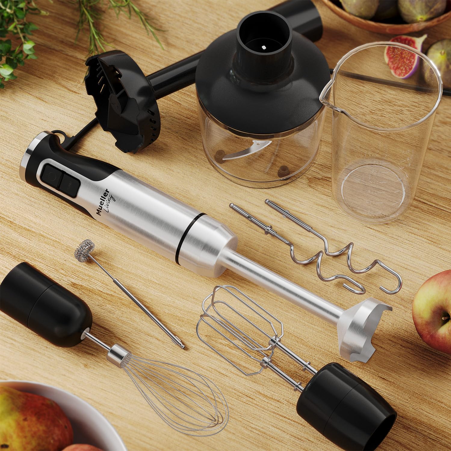 MuellerLiving Immersion Hand Blender Set - 8-Speed Electric Hand Mixer with 7 Attachments: Stainless Steel Blades, Whisk, Milk Frother, Beater, Mixing Hooks, Potato Masher & Chopper Bowl - Perfect for Smoothies, Soups, Baking & Kitchen Prep