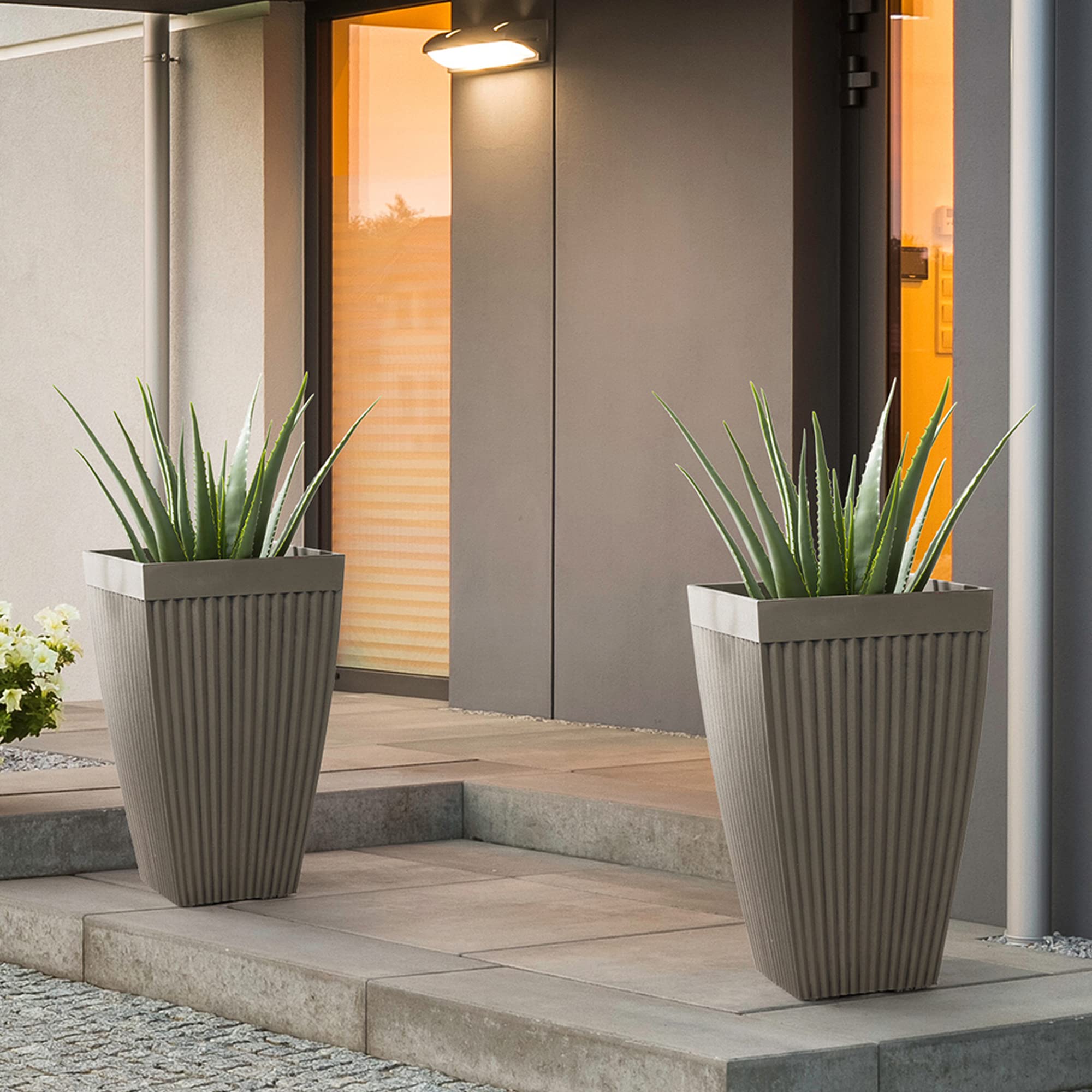 Glitzhome GH20293 Modern Faux Concrete Tall Planters - 22.75 Inch High Indoor Outdoor Flower Pots (Set of 2, Gray) - Perfect for Living Room Decor, Patio Gardening & Office Plants