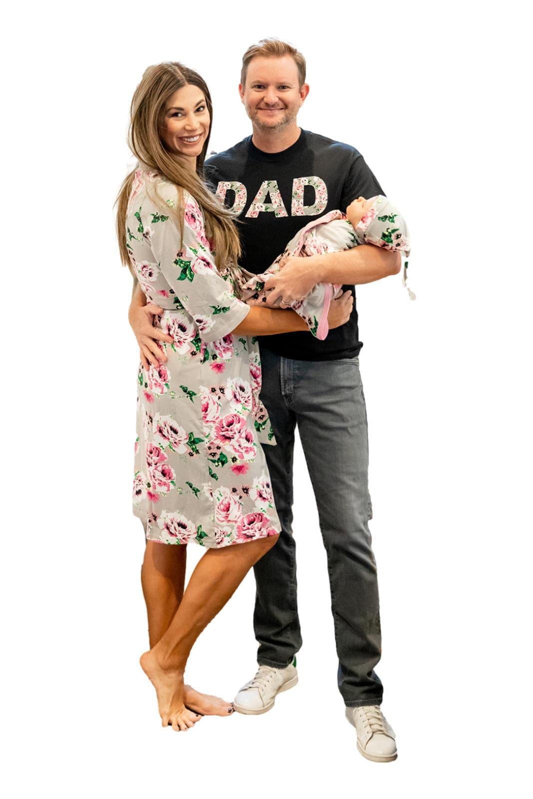 Baby Be Mine Maternity Nursing Robe & Swaddle Blanket Set with Daddy T-Shirt - Soft Delivery Gown for New Moms & Newborn Baby Girl (Small/Medium Robe, 3XL Tshirt, Olivia Floral) - Perfect for Hospital Birth, Breastfeeding & Family Photo Shoots