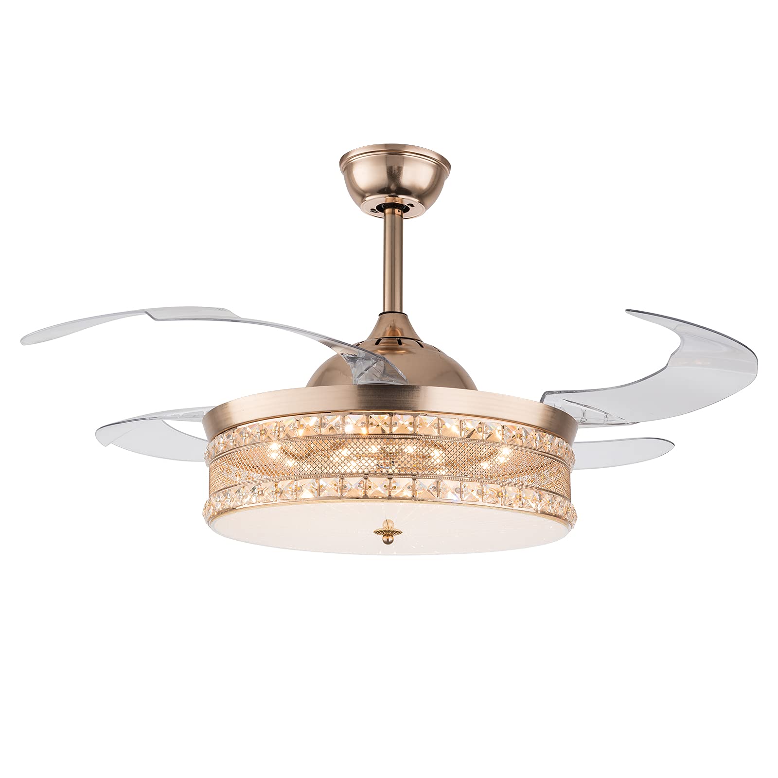 42 Inch Modern Crystal Ceiling Fan with Remote Control & LED Lights - 3 Color Changing Chandelier Fan for Living Room, Bedroom, Dining Room (Golden) | Energy Efficient & Quiet Operation for Home & Office Use