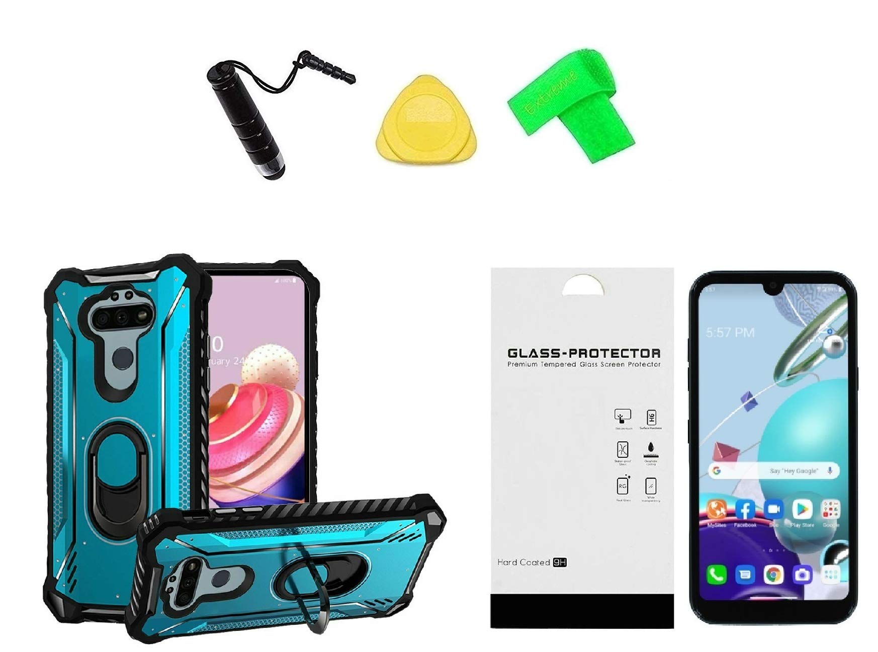 Premium Metal Kickstand Phone Case for LG Aristo 5/Fortune 3/Tribute Monarch/K31 - Includes Tempered Glass, Extreme Band, Stylus Pen & Pry Tool (Blue) - Perfect for Work, Travel & Outdoor Activities