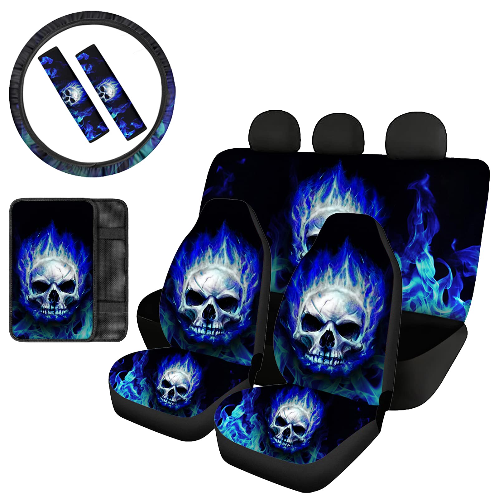 Blue Flame Skull Car Seat Covers Set - 8 Piece Universal Fit for Cars, SUVs & Trucks (2 Front Seat Covers, 2 Bench Protectors, Steering Wheel Cover, Armrest Pad & 2 Seat Belt Pads) - Gothic Style Auto Accessories for Men, Motorcycle & Biker Enthusiasts - Perfect for Road Trips, Daily Commute & Custom Car Decor