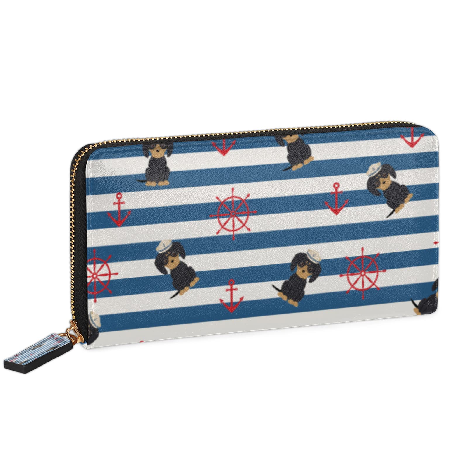 Stylish Women's Leather Wallet with Puppy & Nautical Prints - Large Credit Card Holder, Coin Purse & Zippered Phone Clutch | Slim RFID Blocking Bifold Wallet for Everyday Use, Travel & Gift Giving