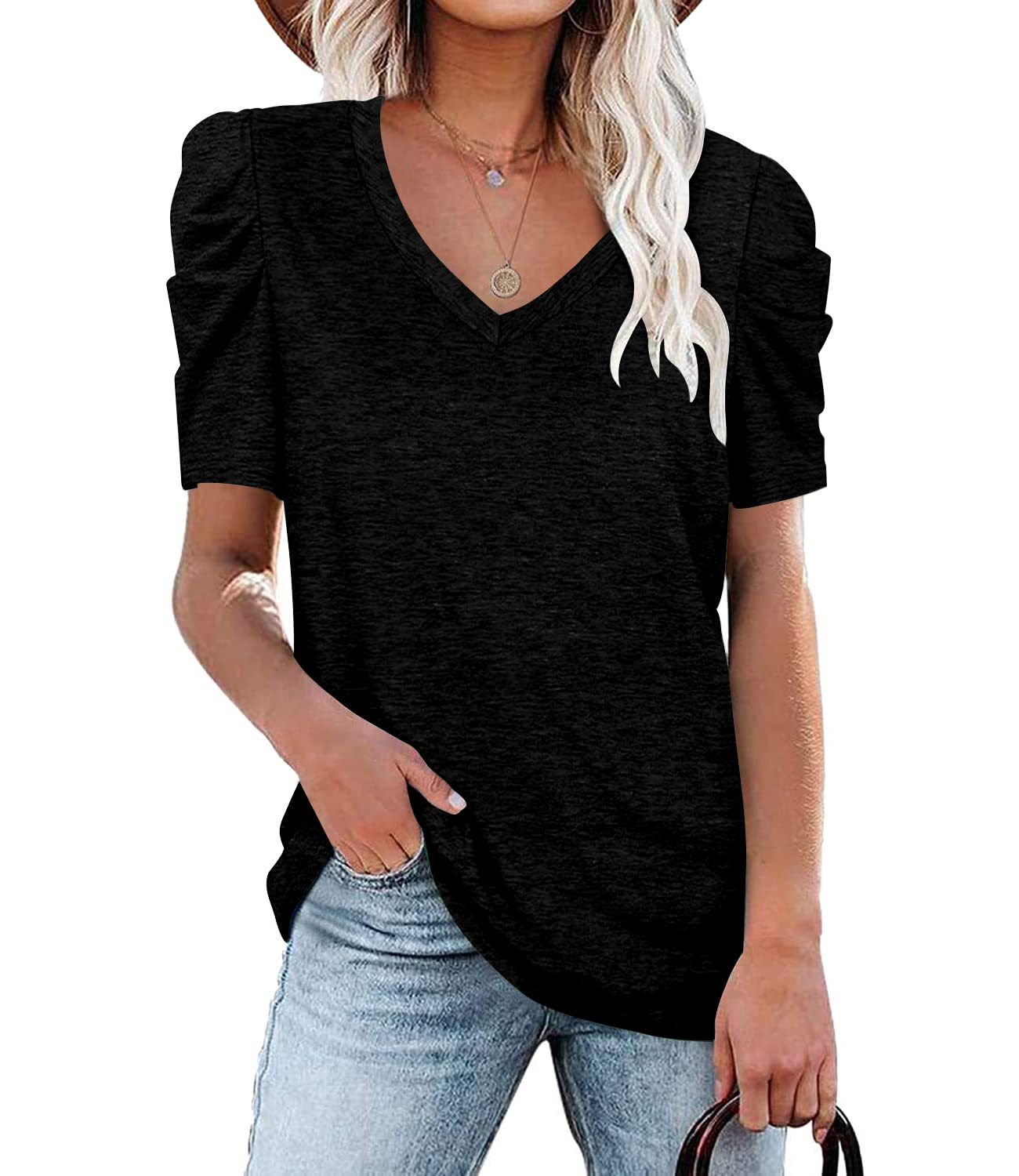 Aueyan Women's Puff Sleeve V-Neck Tunic Top - Flowy Short Sleeve Blouse for Summer | Casual Wear, Office Outfits & Date Night Looks