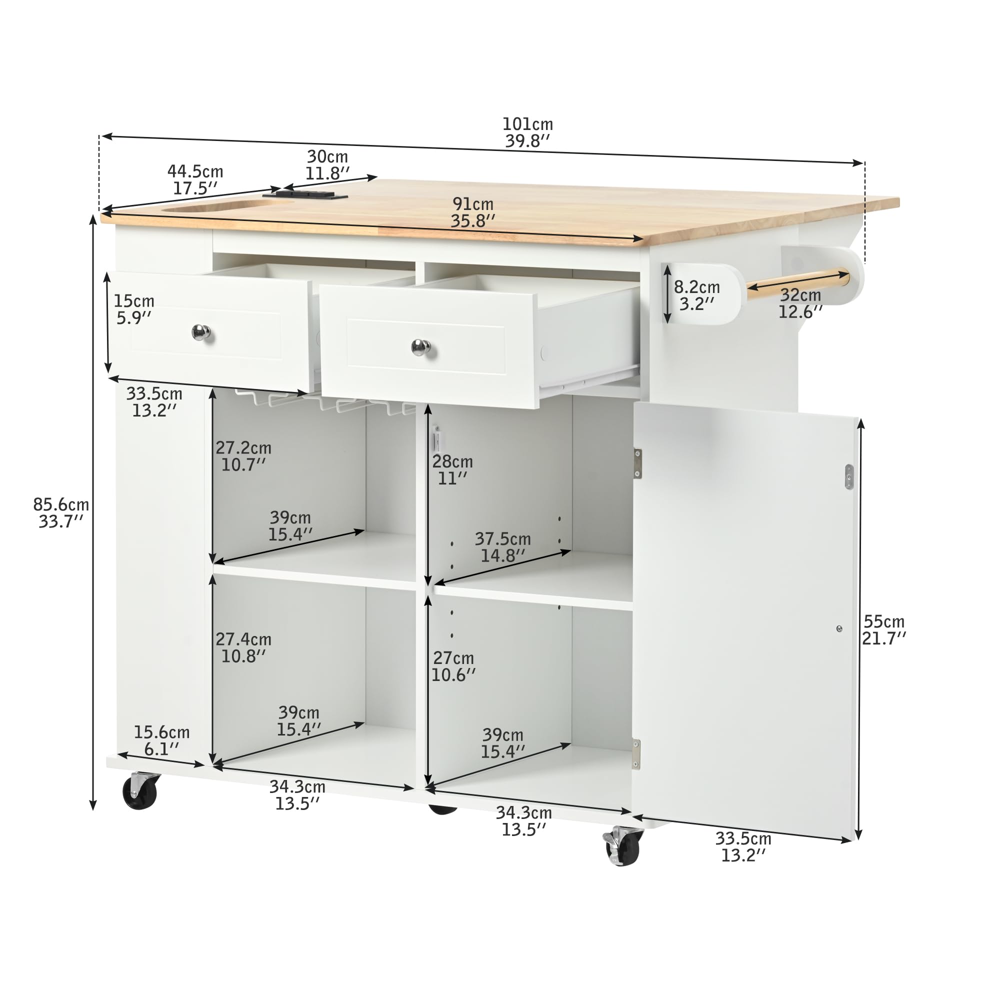Premium Kitchen Island Cart with Power Outlet & Wine Rack - 39.8