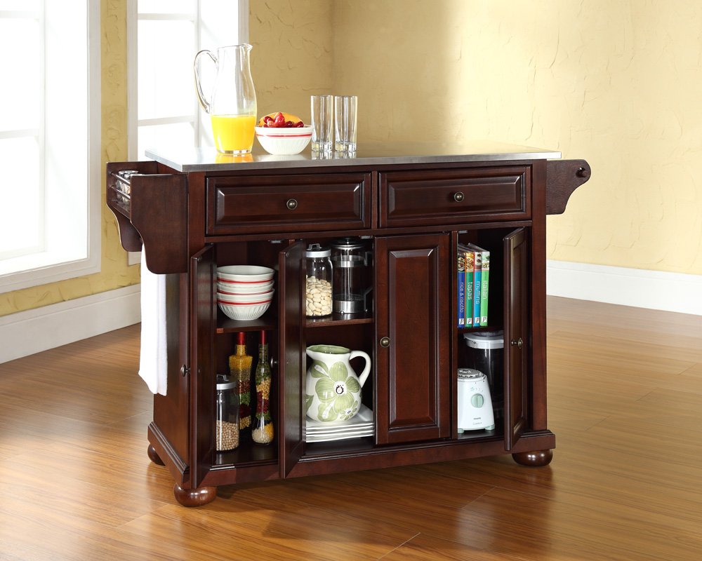 Crosley Alexandria Stainless Steel Top Rolling Kitchen Island Cart with Spice Rack - Mahogany Finish for Small Kitchen Storage & Organization | Perfect for Apartments, Dorms & Compact Spaces
