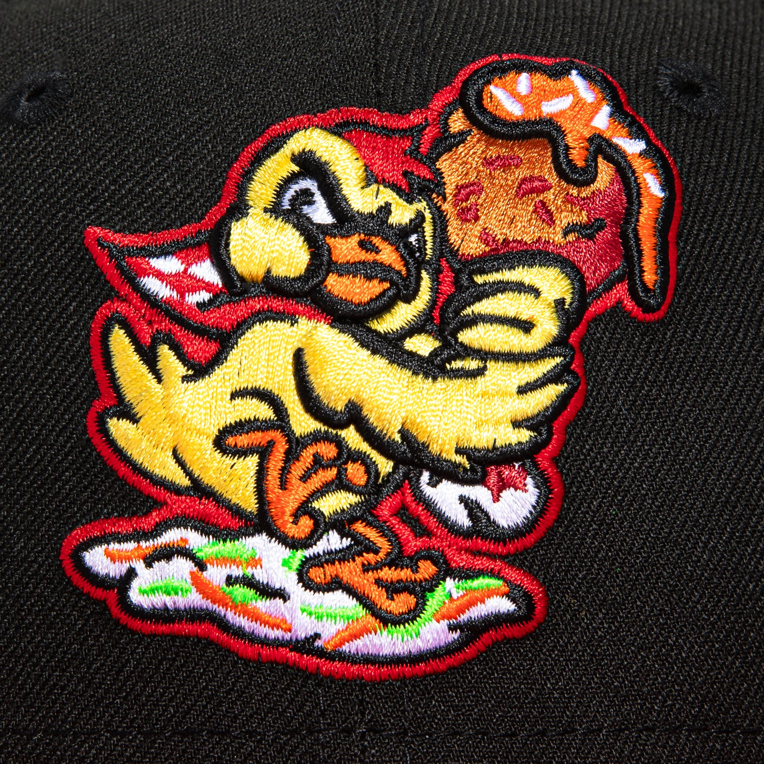 New Era 59Fifty Akron Rubber Ducks Fried Chicken Baseball Cap - Black & Red Adjustable Snapback Hat for Sports Fans & Collectors - Perfect for Baseball Games, Casual Wear, and Unique Gift Giving