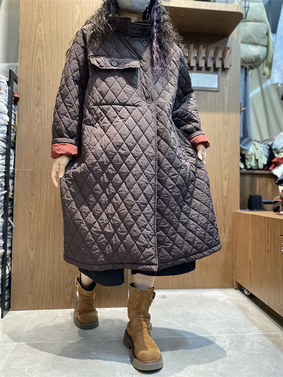Women's Autumn Casual Rhombus Stand Collar Padded Jacket - Warm Quilted Coat for Fall Outdoor Activities and Daily Wear