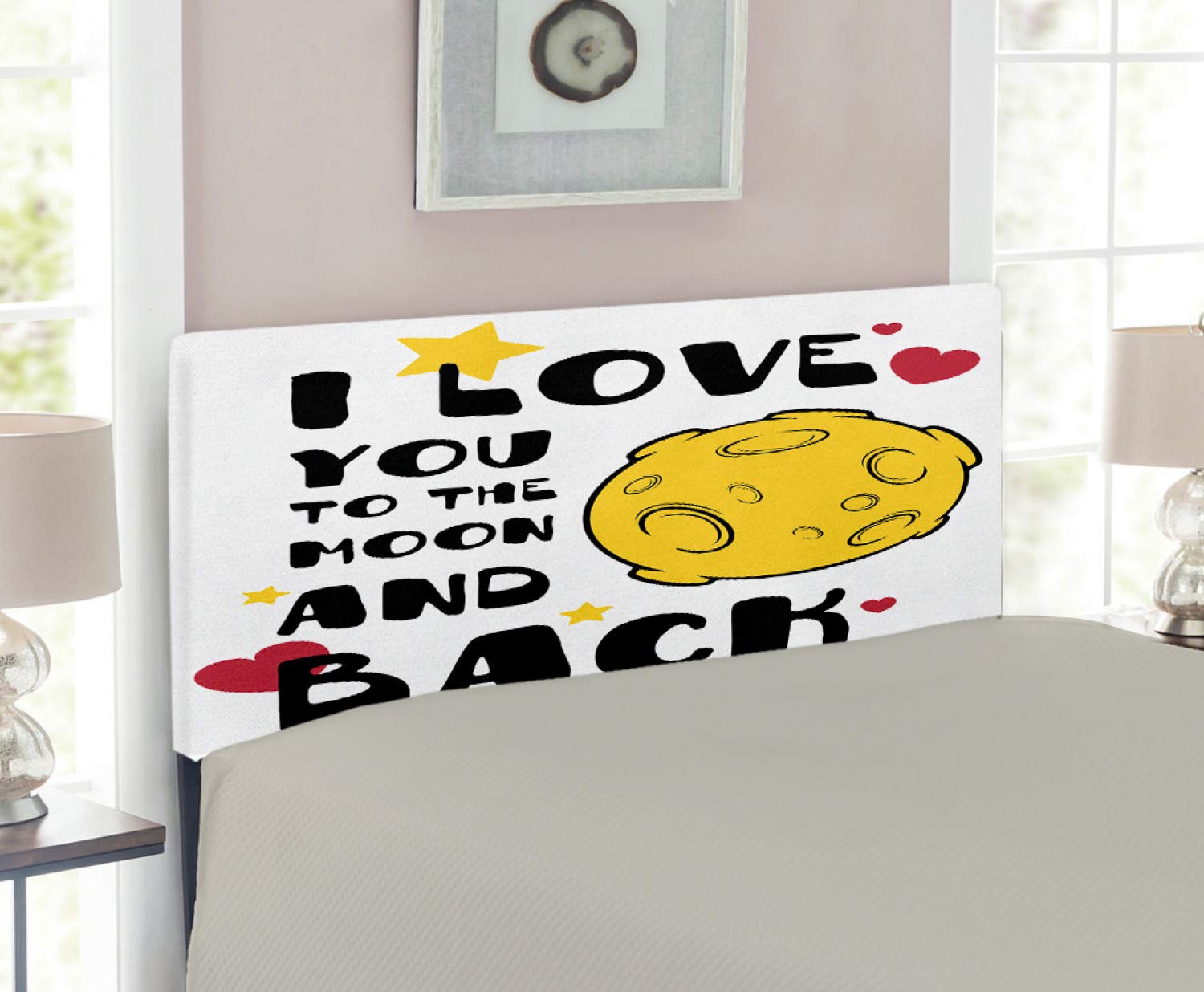 Ambesonne I Love You Headboard - Moon Surface Romance Print, Upholstered Decorative Metal Bed Frame with Memory Foam - Twin Size in Yellow, Black & Red - Perfect for Valentine's Day Gifts, Couples Bedroom Decor & Space-Themed Room Design