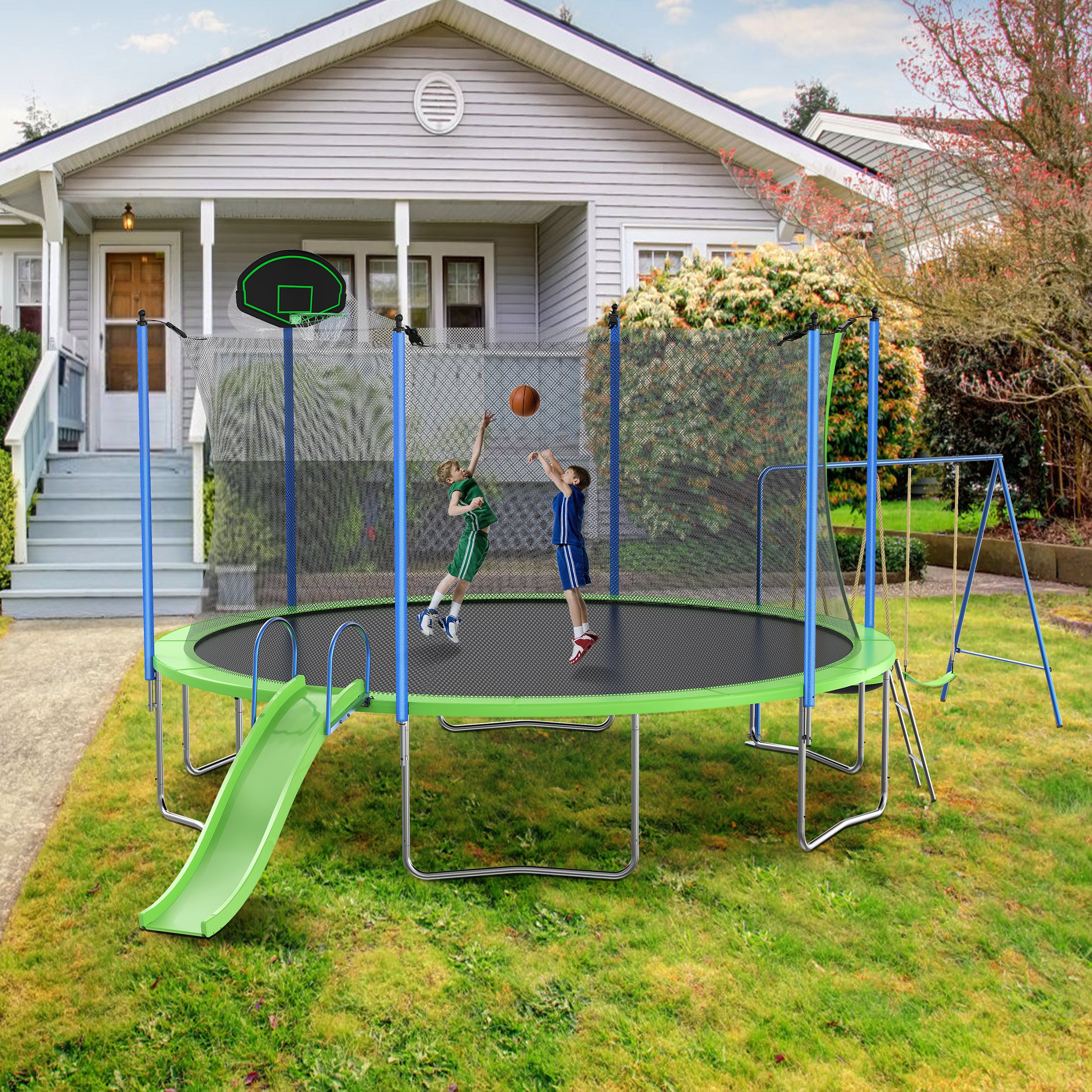 14FT Outdoor Trampoline with Slide, Swings, Basketball Hoop & Ladder - ASTM Approved Large Recreational Bouncer with Safety Enclosure Net for Kids & Adults - Perfect for Backyard Fun, Family Exercise & Outdoor Playtime
