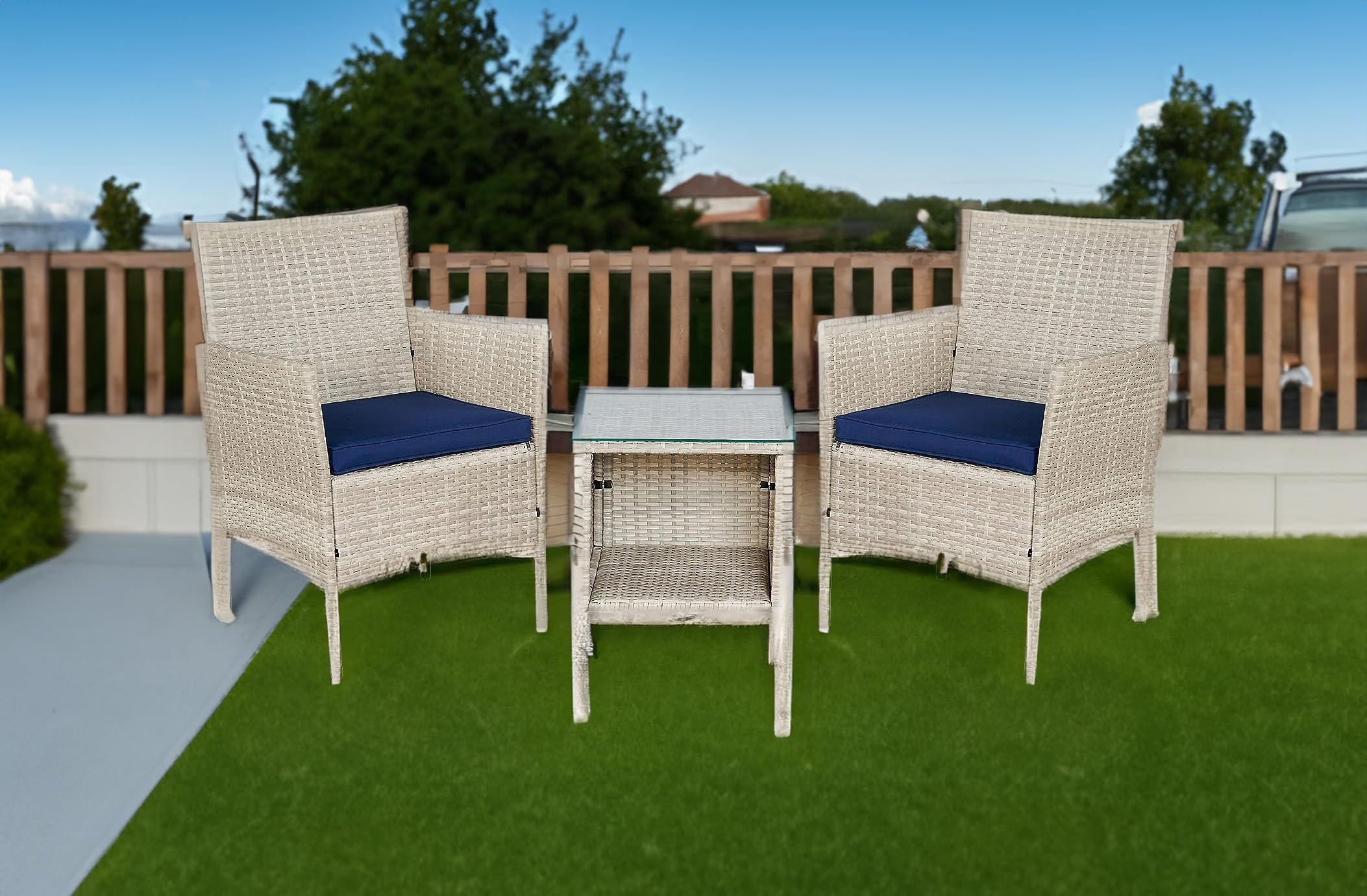 BTEXPERT 3-Piece Outdoor Wicker Bistro Set with Cushions - Patio Garden Furniture Conversation Set with Rattan Chairs & Glass Table (Stone Gray/Navy Blue) - Perfect for Small Spaces, Porch, Yard or Balcony Decor