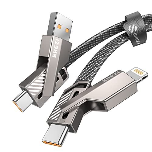 SHEZI 4-in-1 USB C Cable with Lightning Connector - 45W Fast Charging & Data Sync Cable - Flat Braided Tangle-Free iPhone Charger with Velcro Strap - Multi Charging Cable for Lightning/Type C/USB A Ports (3ft) - Perfect for Home, Office, Travel & Car Charging