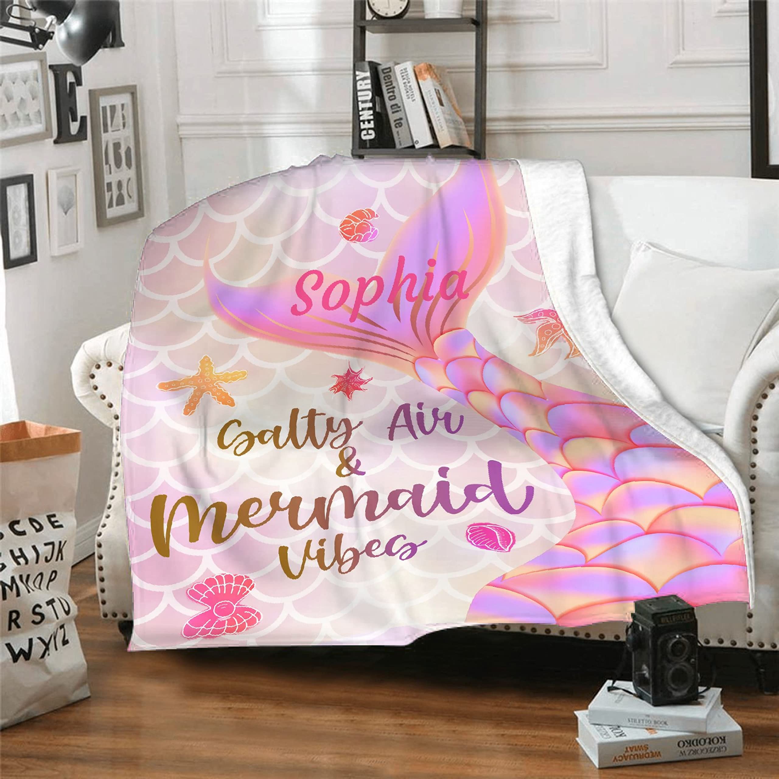 Personalized Mermaid Tail Blanket with Custom Name - Soft Fleece Cozy Throw for Girls & Women - Lightweight Mermaid Scale Design - Perfect Birthday Gift for Toddlers, Sofa & Bed Use - XS Size
