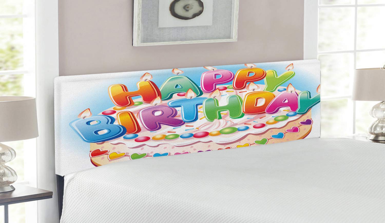 Ambesonne Happy Birthday Party Headboard - Cartoon Style Cake, Candles & Hearts Design Upholstered Metal Bed Frame with Memory Foam - Queen Size Multicolor Decorative Headboard for Birthday Bedroom Decor & Party Theme Room Setup