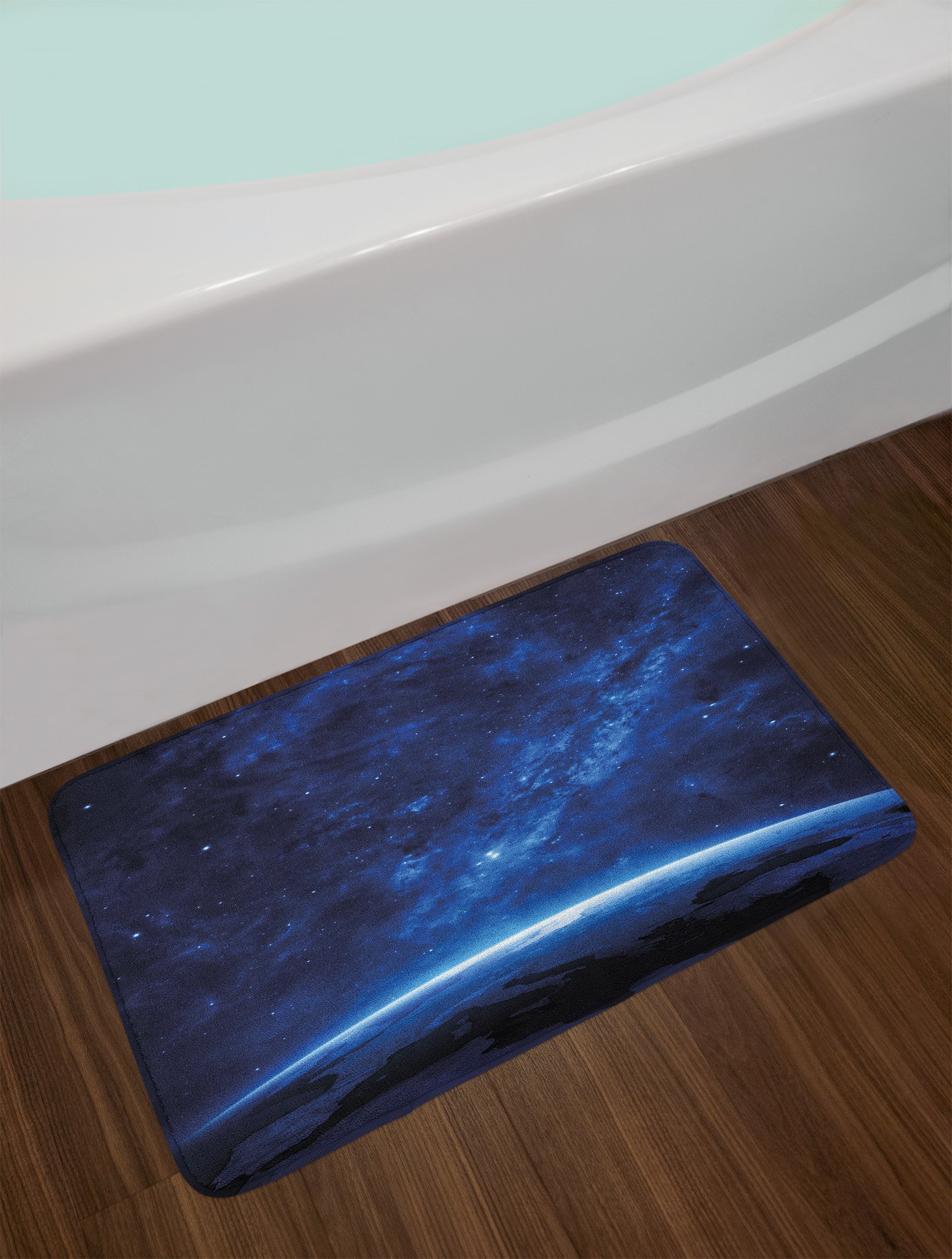 Ambesonne World Bath Mat - Non-Slip Plush Bathroom Rug with Earth Night View Space Galaxy Design, 30.2 x 20 Inches, Blue & White - Perfect for Modern Bathrooms & Spa Decor
