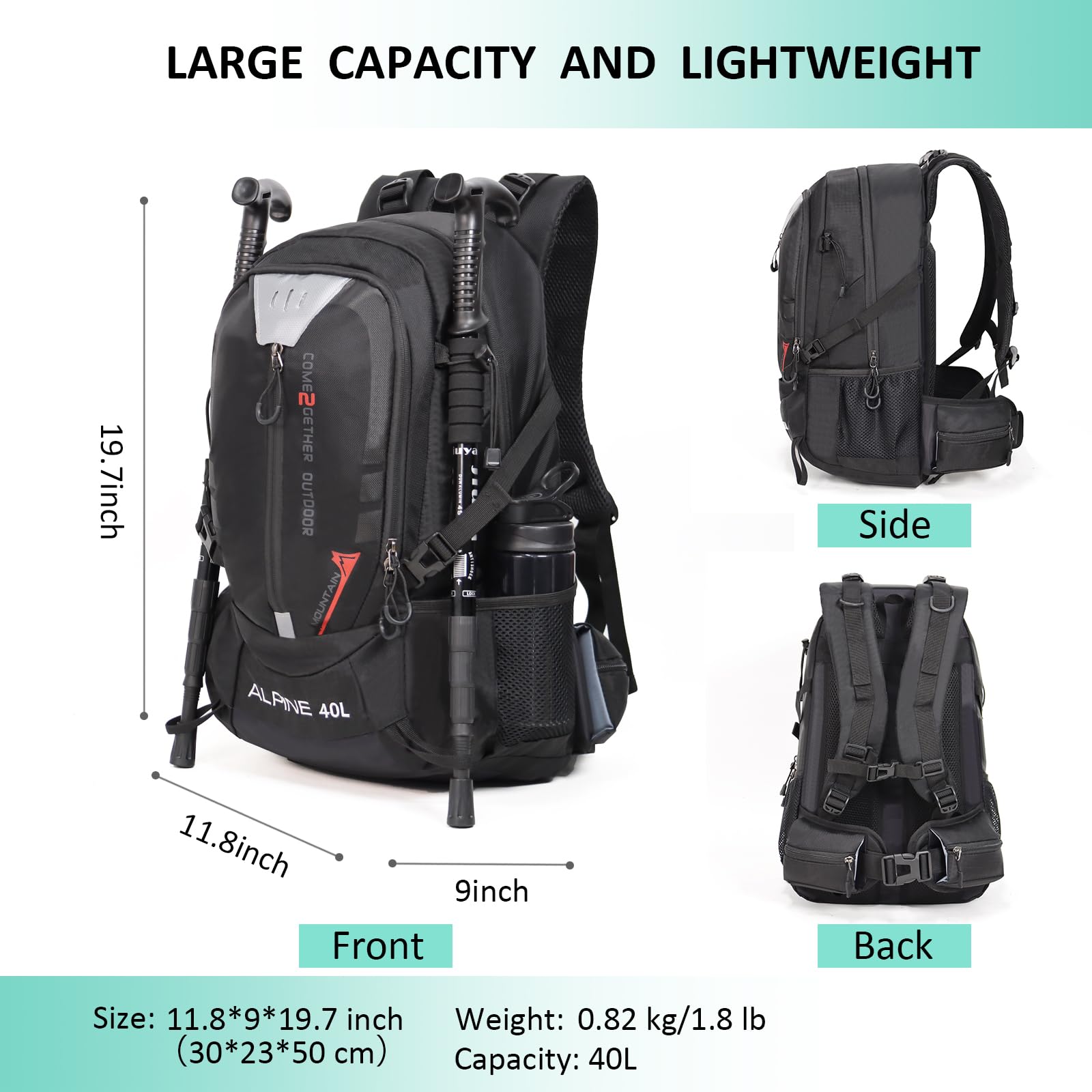 40L Lightweight Hiking Backpack for Camping & Outdoor Travel - Waterproof Rain Cover Included - Durable Daypack for Women & Men (Black) - Perfect for Hiking, Backpacking & Daily Commute
