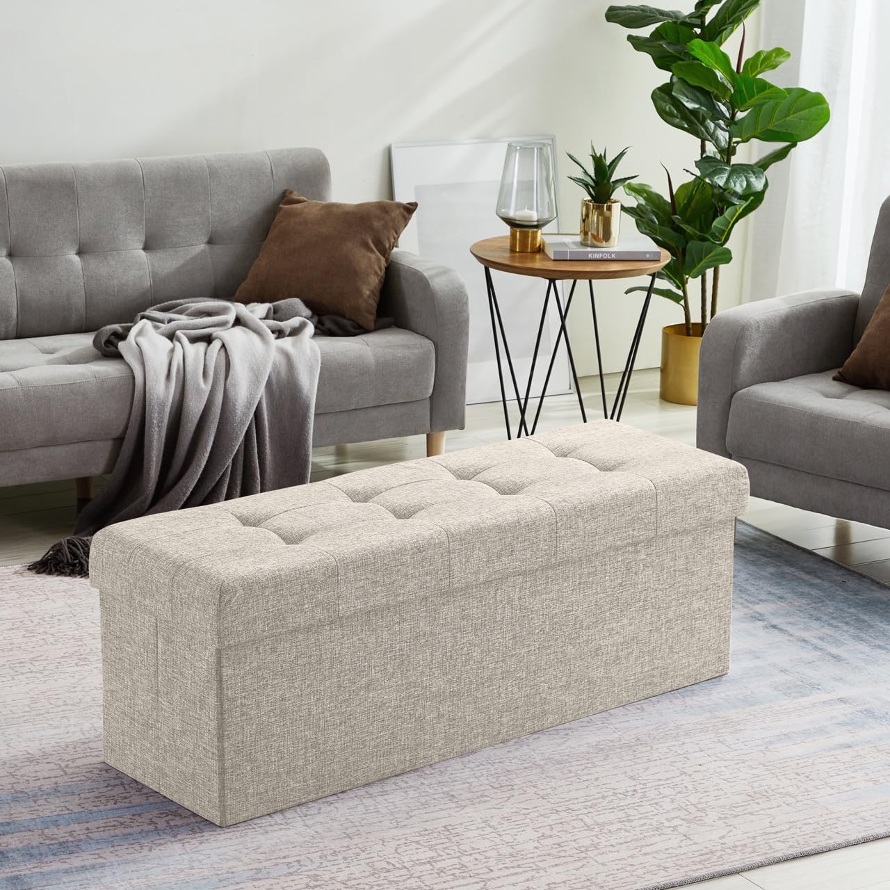 Ornavo Home 45 Inch Folding Storage Ottoman Bench with Removable Top - Large Foot Rest Stool, Multi-Functional Chest for Living Room, Bedroom & Entryway (Beige) | Perfect for Extra Seating, Blanket Storage & Home Organization