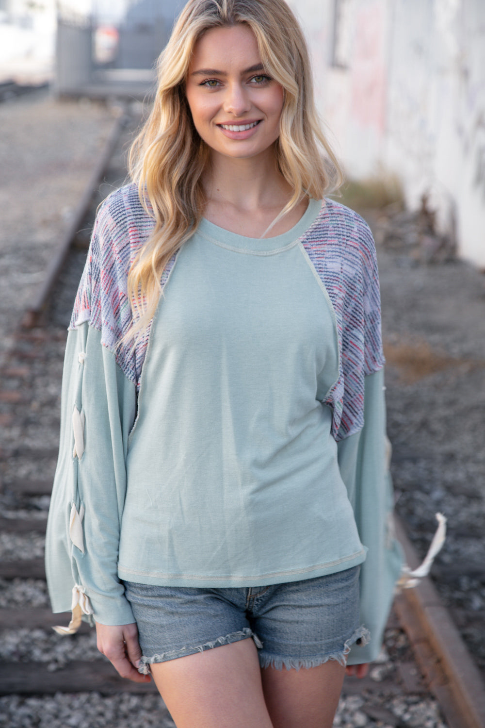 Stylish Mint Lace-Up Long Sleeve French Terry Oversized Pullover Sweatshirt | Women's Casual Loungewear for Fall & Winter | Perfect for Coffee Dates, Weekend Errands and Cozy Nights