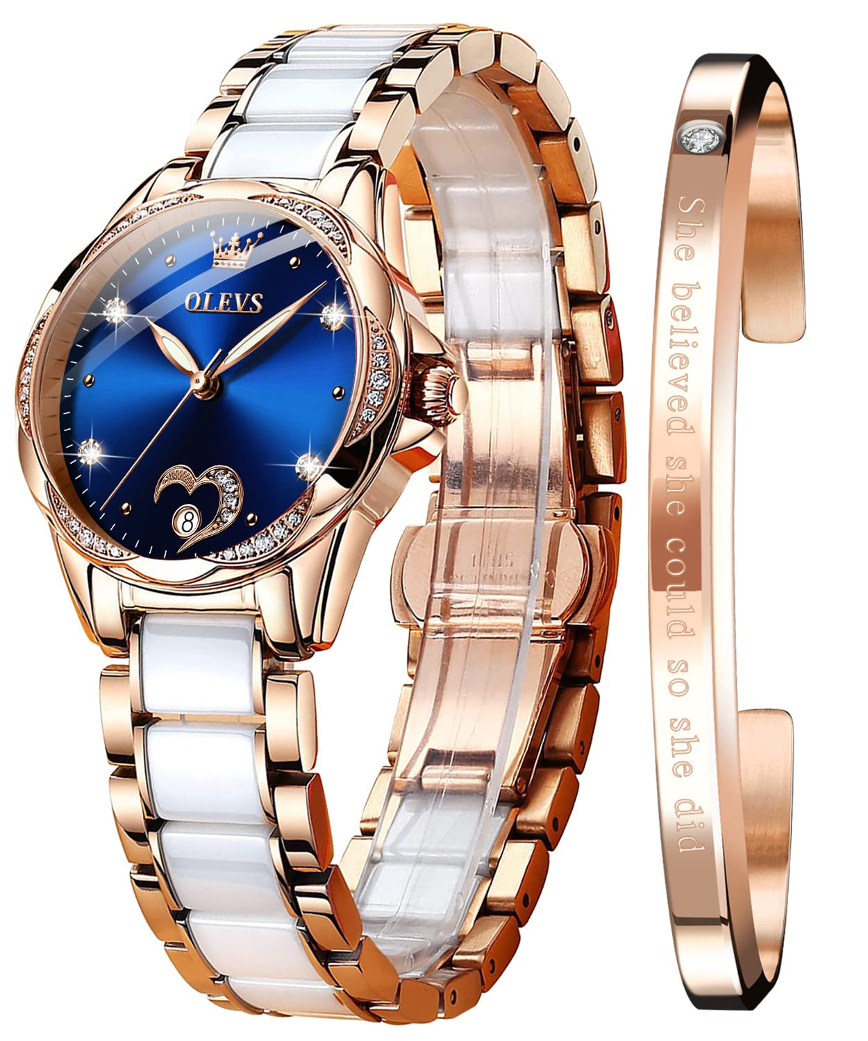 OLEVS Women's Automatic Self-Winding Mechanical Watch - Rose Gold Two-Tone Ceramic Strap with Diamond Heart Dial - Waterproof & Luminous - Elegant Dress Watch for Women - Perfect for Work, Party & Everyday Wear