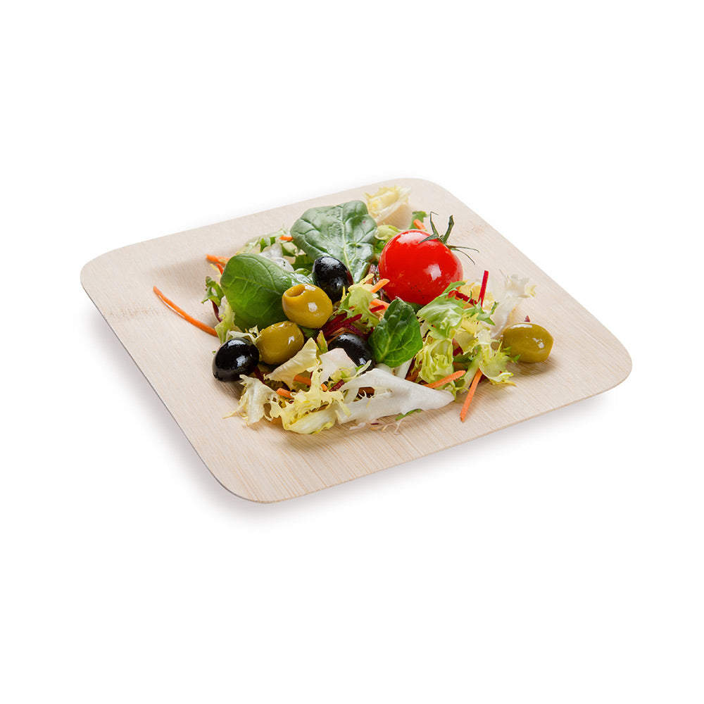 100% Natural Bamboo 7-Inch Square Veneer Plates & Disposable Flatware Set - 100 Plates + 100 Utensils | Eco-Friendly Dinnerware for Parties, Picnics, Weddings & Sustainable Living