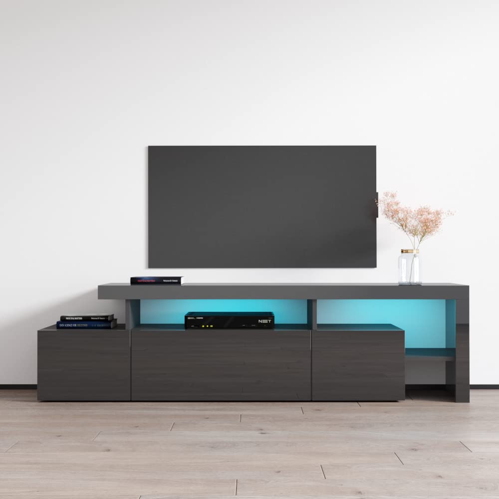 Modern High-Gloss Grey TV Stand with Storage Cabinets & LED Lights - 70